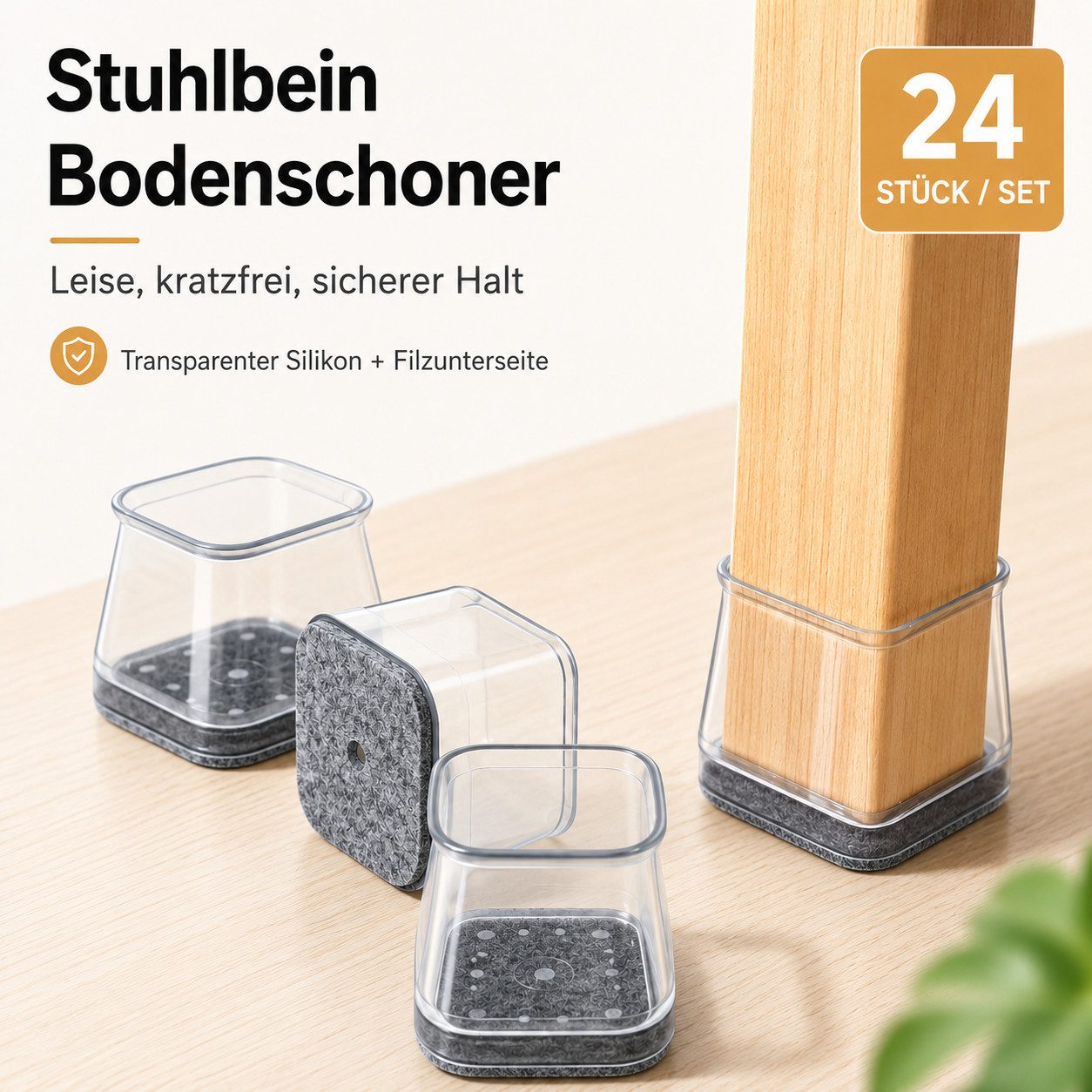JASLIFE Filzgleiter 24 Stuhlbeinkappen, transparent, für eckige Möbelbeine, (Set), Für Küche, Esszimmer & Büro, mit Filz, leise, kratzschützend