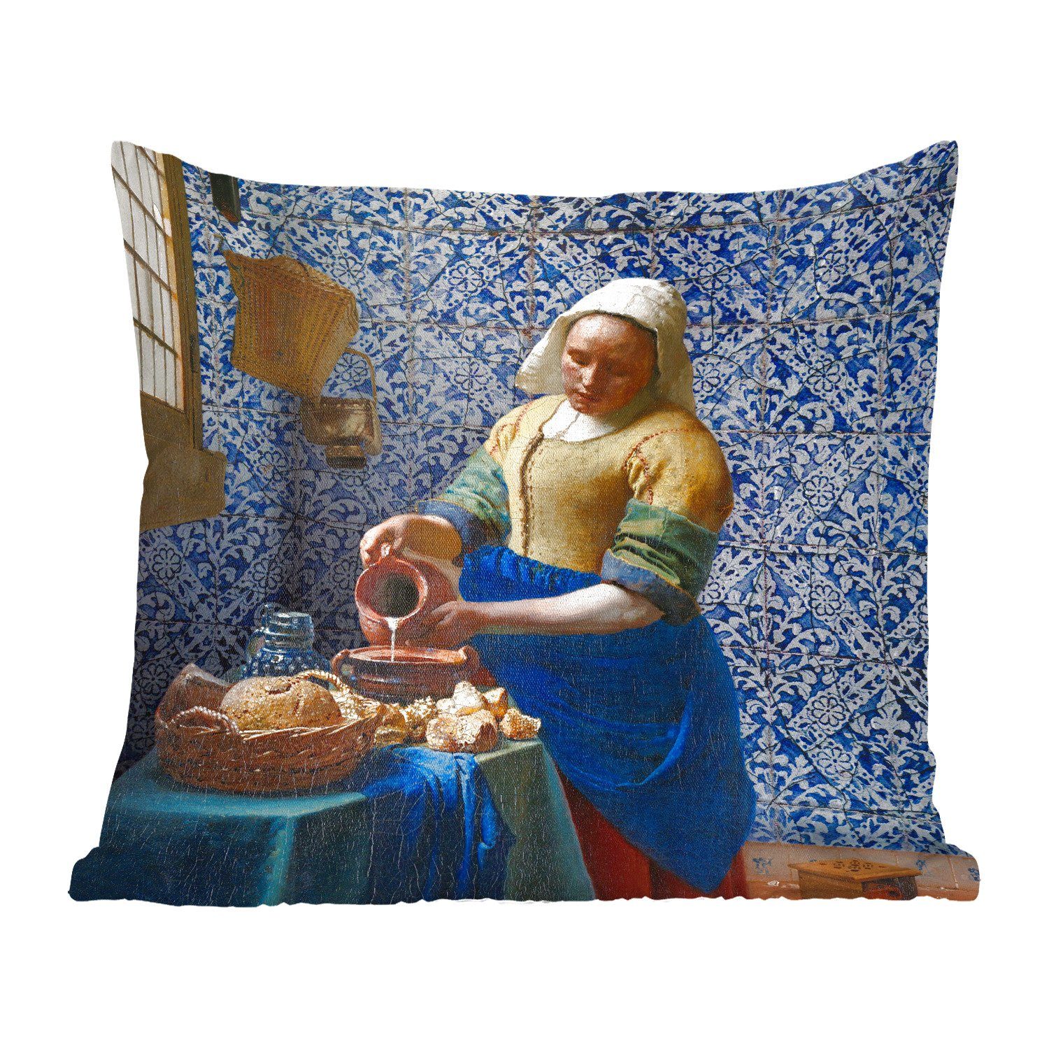 MuchoWow Dekokissen Milchmädchen - Delfter Blau - Vermeer - Gemälde - Alte Meister, Zierkissen mit Füllung für Wohzimmer, Schlafzimmer, Deko, Sofakissen