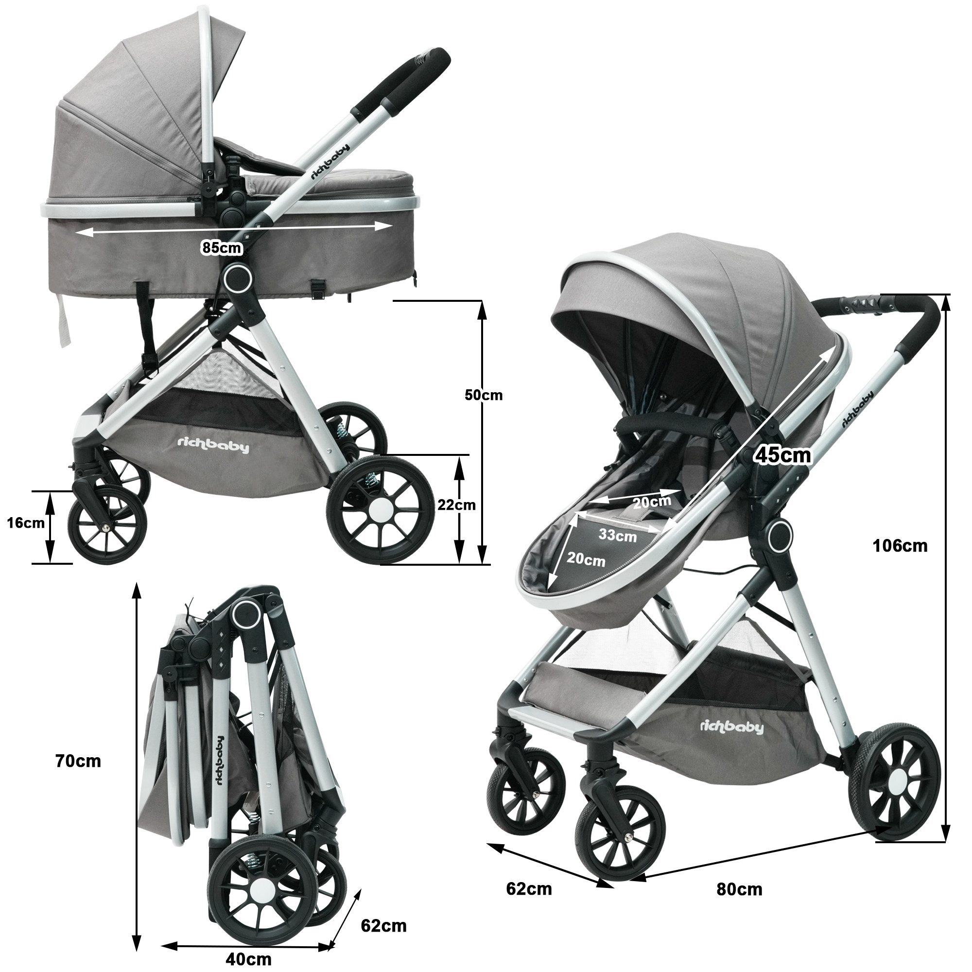 Odikalo Kombi-Kinderwagen EXQUISE V8A Kombi-Kinderwagen (umwandelbar zur Babywanne), (kompakt zusammenklappbar, mit hoher Sitzposition, verstellbarem Verdeck & Sicherheitsfunktionen – für Babys von 0 bis 36 Monaten)