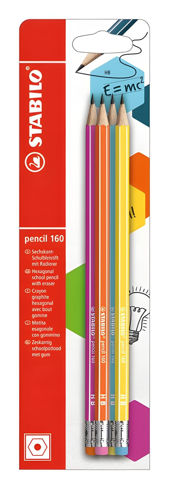 STABILO Bleistift STABILO pencil 160 mit Radierer HB pink blau orange gelb 4er Blister