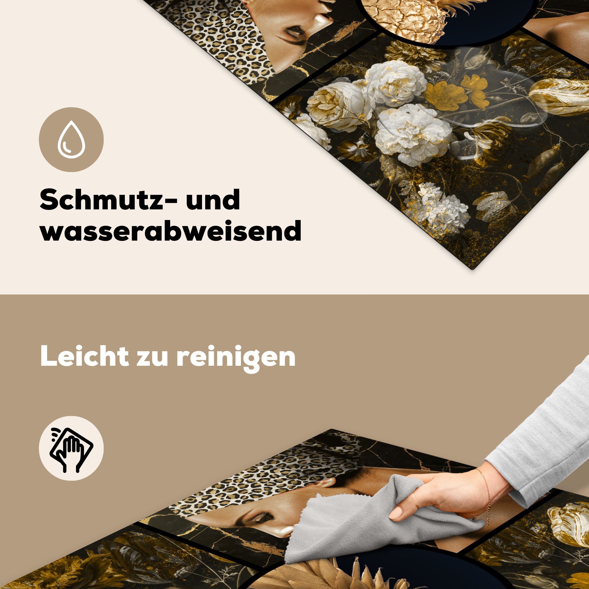 MuchoWow Herdblende-/Abdeckplatte Gold - Schwarz küche 78x78 Arbeitsplatte Frauen Ceranfeldabdeckung, Blumen, - - Vinyl, (1 für cm, tlg)