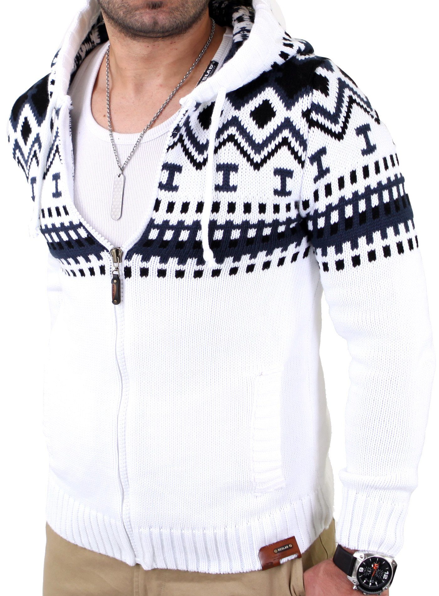 Strickpullover Reslad Herren Grobstrick Norweger Winter Strickjacke mit Kapuze RS-310