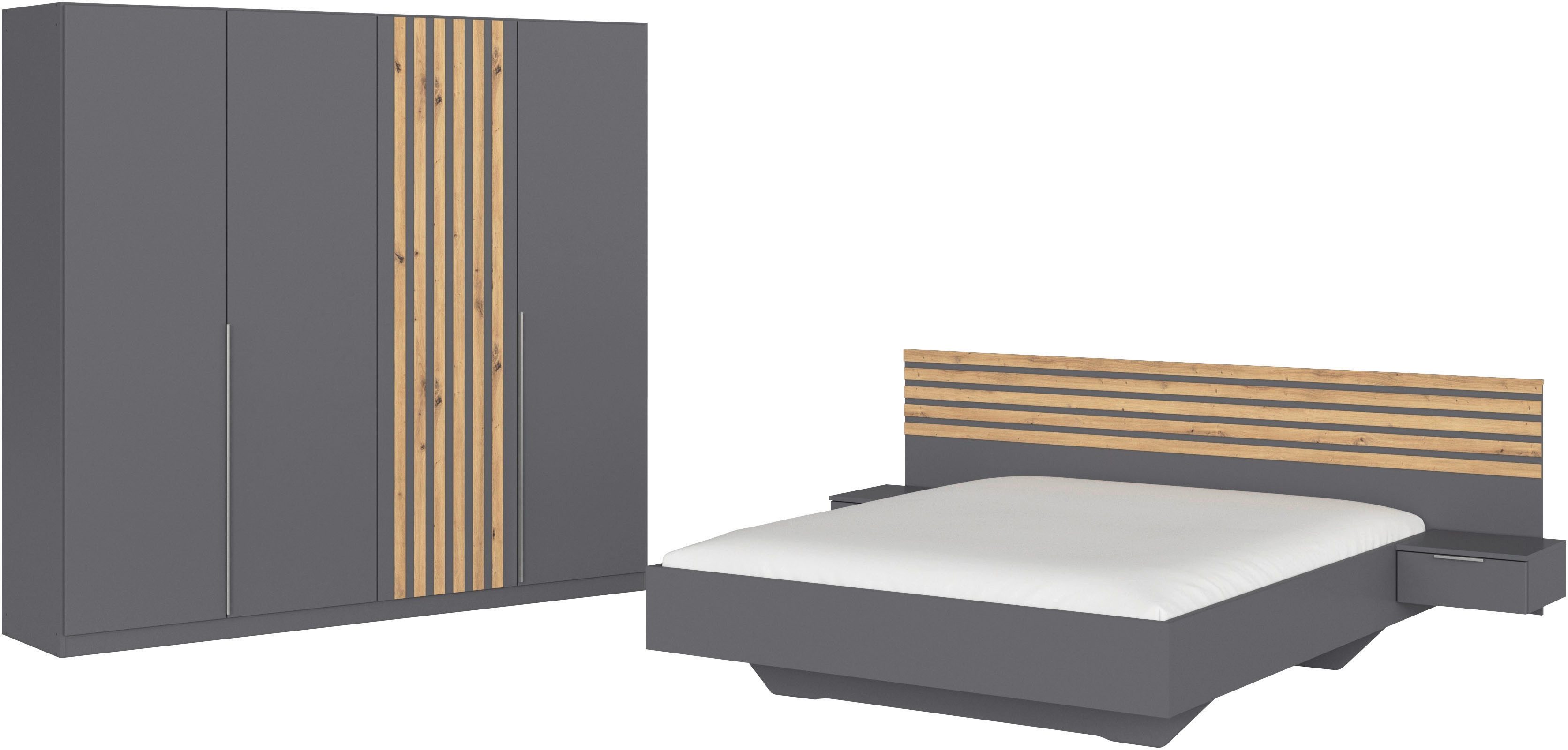 rauch Schlafzimmer-Set Komplettzimmer Komplett Set Schrank 226 cm Bett 160/180 cm LAMELLA, (Set, 4-tlg., 3 verschiedene Ausstattungen BASIC/CLASSIC/PREMIUM (inkl. SOFT-CLOSE), elegante Lamellen-Auflage in 3D Akustikpaneel Optik MADE IN GERMANY