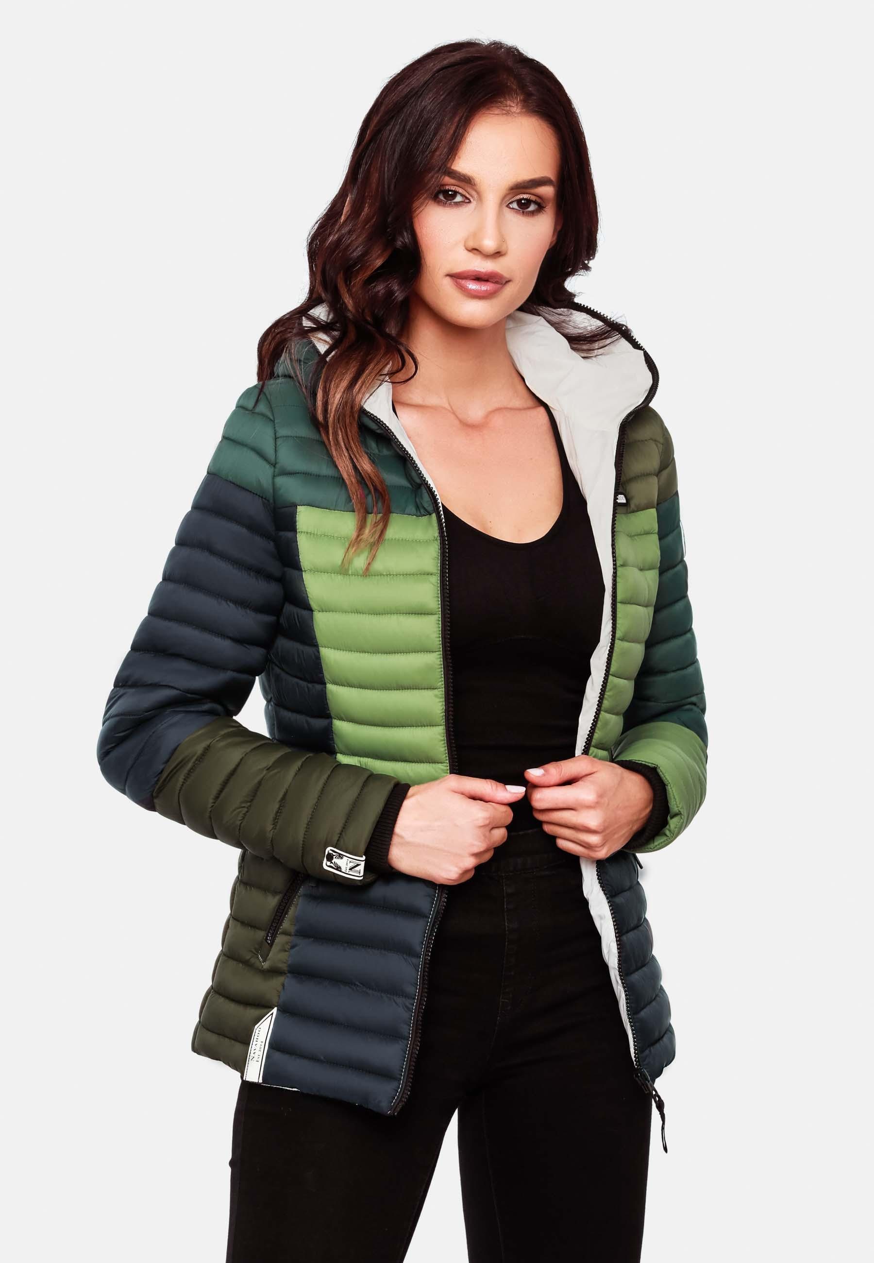 m. Multikulti stylische Steppjacke Colorblocking Übergangsjacke tannengrün Navahoo Kapuze