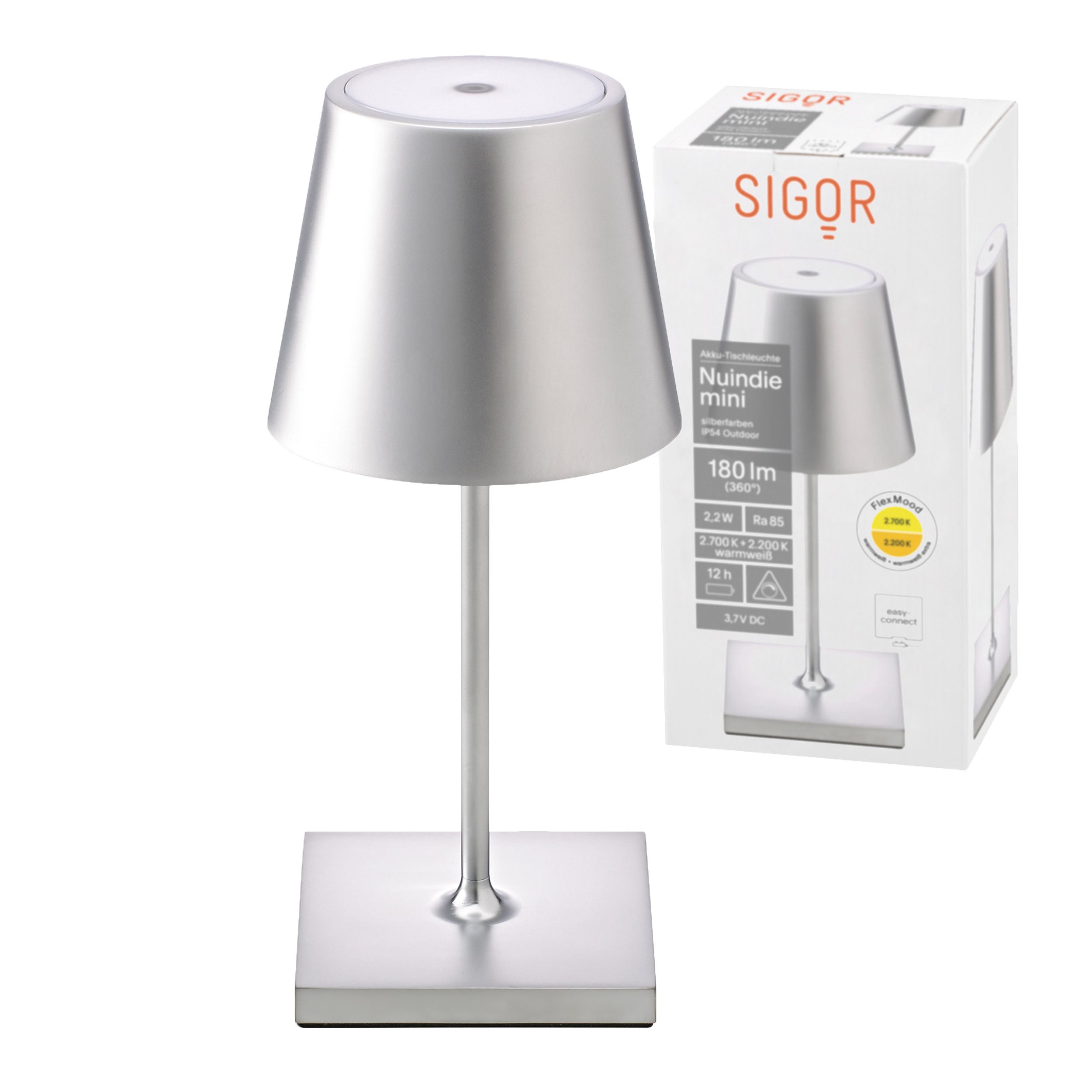 SIGOR LED Tischleuchte stilvolle Akku-Tischlampe Nuindie Mini, LED fest integriert, Warmweiß, Extra-Warmweiß, elegante, kabellose Schreibtischlampe, 25x10x10 cm