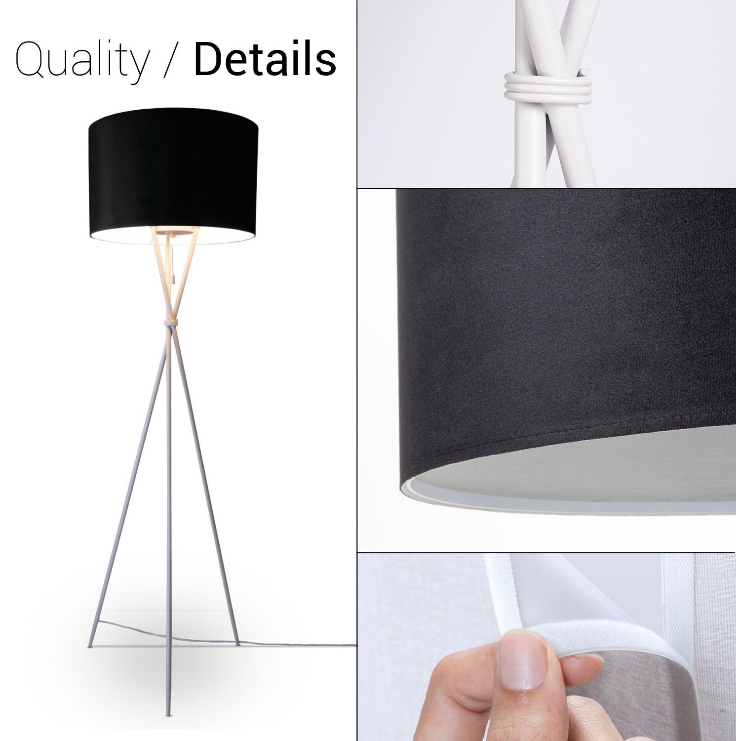 Kate Standleuchte Velour schwarz Höhe Stehlampe Filigran Color, Wohnzimmer Home E27 uni ohne 177,5cm Dreibein Leuchtmittel, Paco