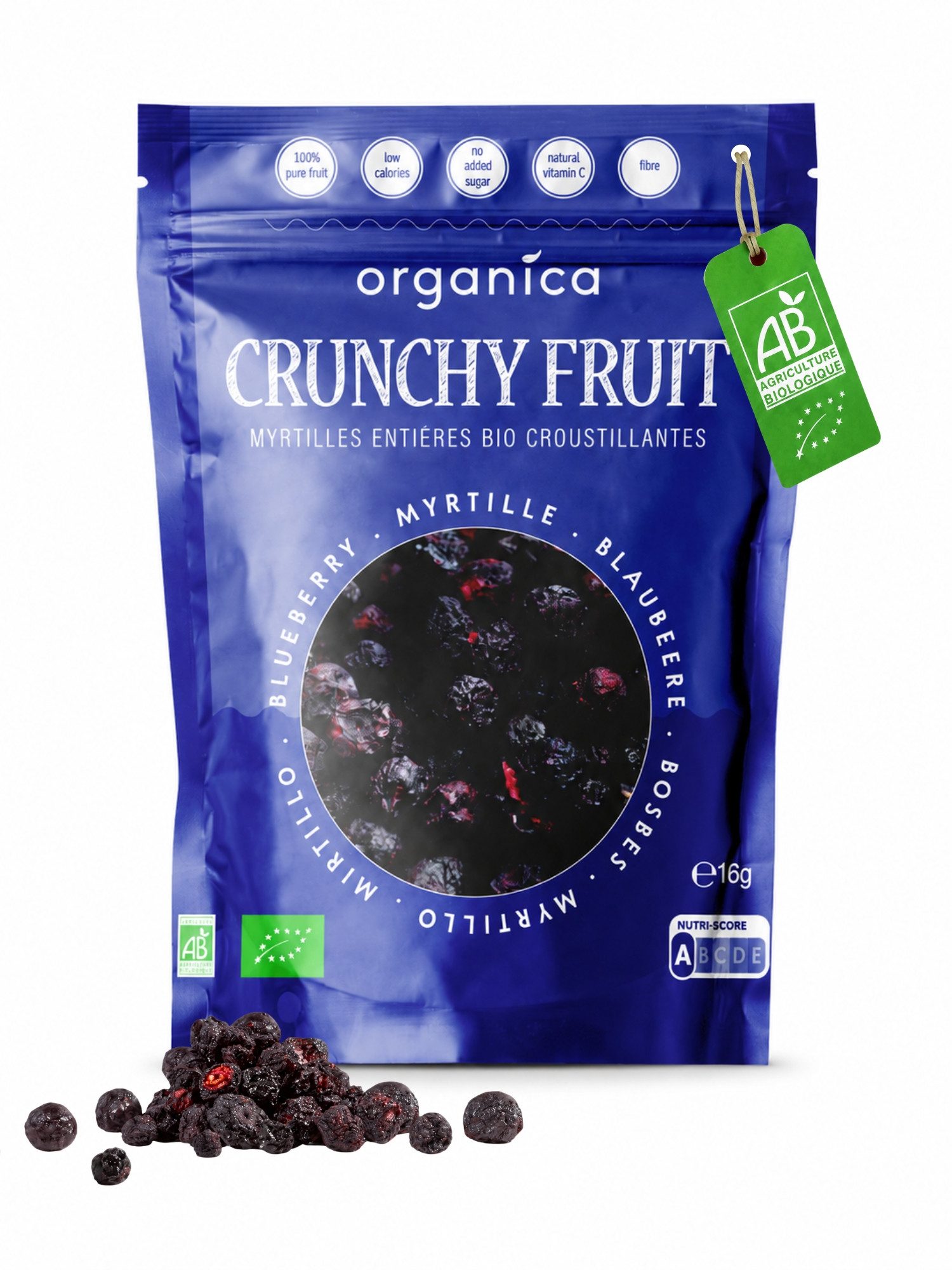 Organica Trockenfrüchte Gefriergetrocknete Bio-Blaubeeren, Getrocknete Heidelbeeren, 1 x, Bio-zertifiziert, 100 % Frucht, Ohne Zuckerzusatz, Nutri-Score A