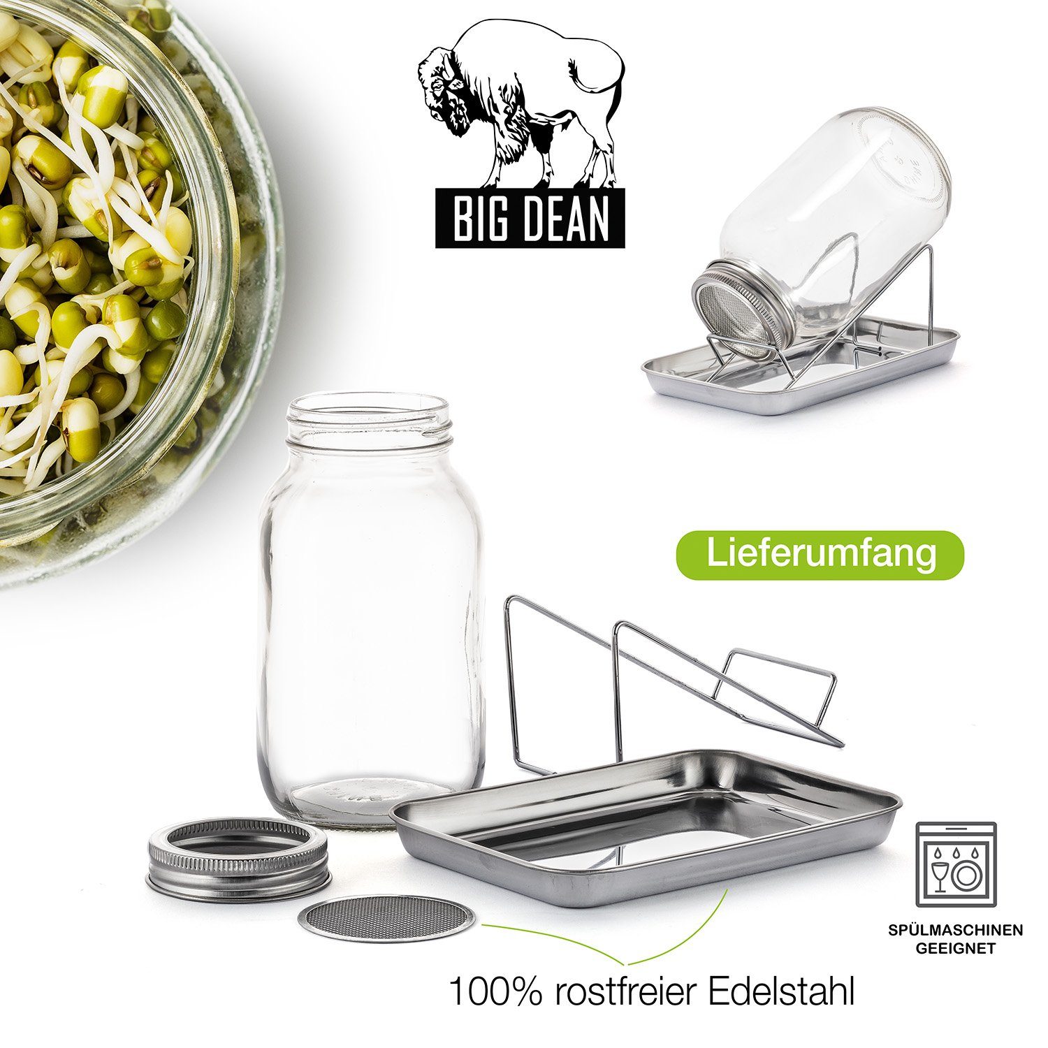 BigDean Anzuchttopf Sprossenglas Keimglas 1000ml mit Edelstahl-Gitterdeckel + Ständer (Set, 1 St., Sprossengläser), Sprossenglas, Leichte Anwendung, Gesunde Ern – Bild 4 von 5