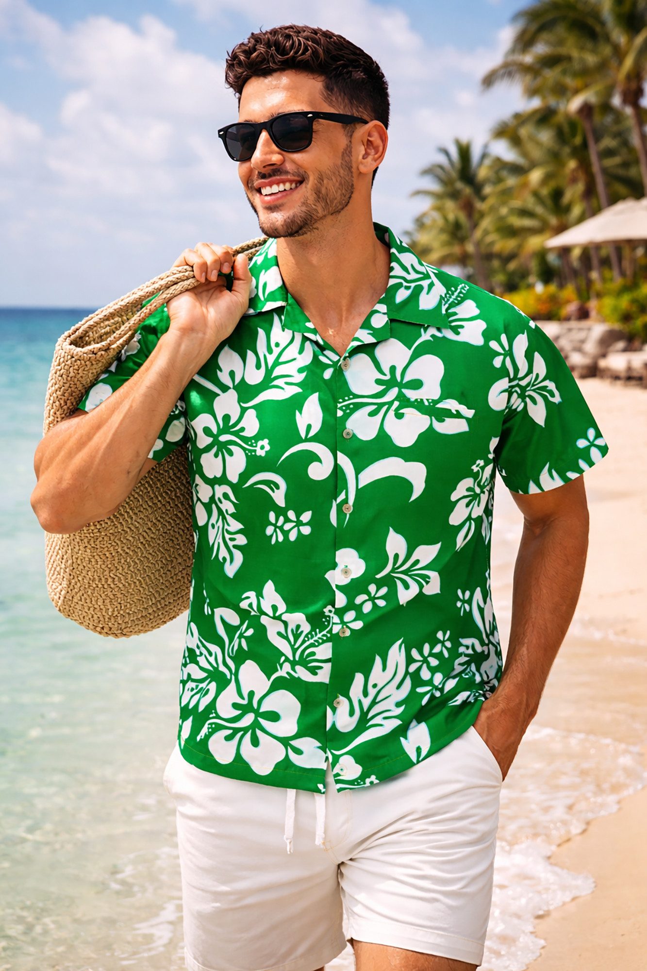 King Kameha Hawaiihemd "Hibiscus" Funky Hawaii-Hemd Herren Kurzarm Front-Tasche Stylish