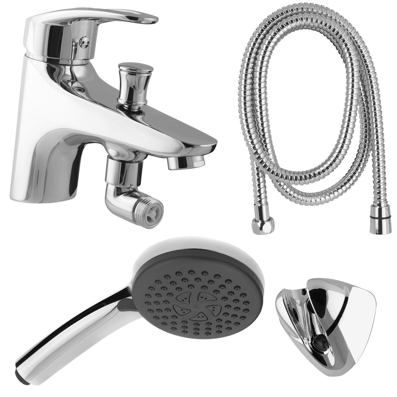 PaulGurkes Wannenarmatur (Set, Armatur mit Handbrause, Wandhalterung und Duschschlauch) Hochdruck, Messing verchromt, 2 Strahlarten, 360° drehbar