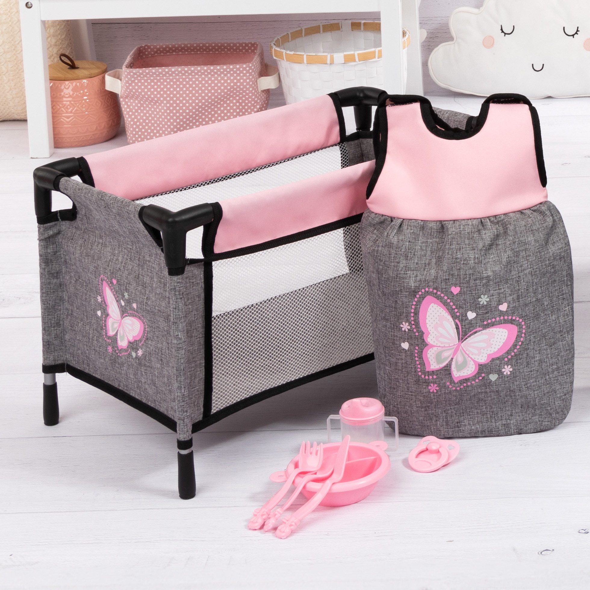 Bayer Puppenbett Puppen-Reisebett-Set (Set, 8tlg), inklusive Schlafsack, Teller, Trinkbecher, Besteck und Schnuller – Bild 5 von 5