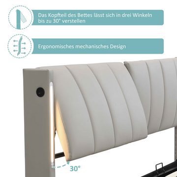 BlingBin Polsterbett Binaurales LED-Polsterbett, hydraulisches Bett (1-tlg., 140 x 200, mit Stauraum, PU, grau), mit LED-Beleuchtung, verstellbares Kopfteil, USB-Anschluss im Bett