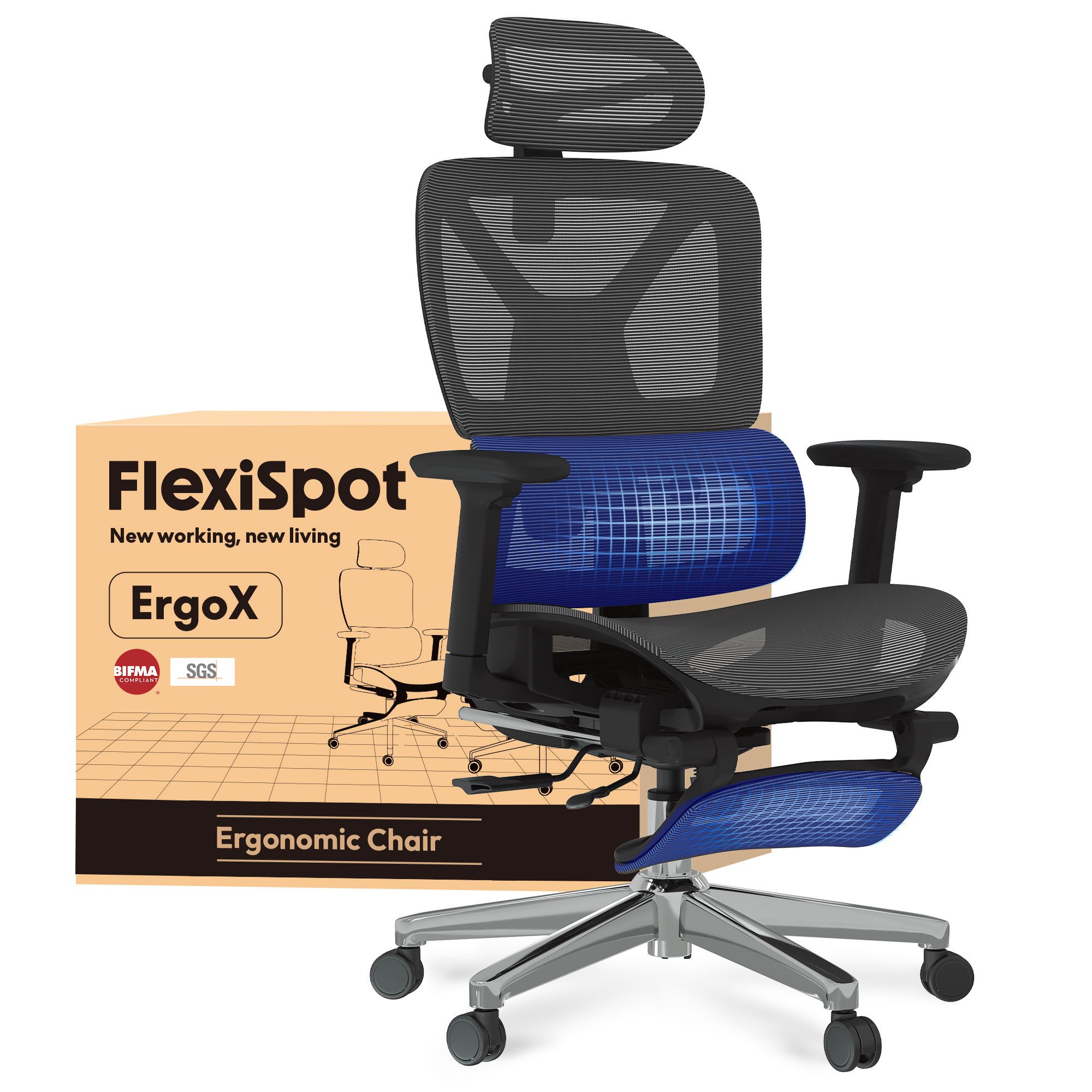 FLEXISPOT Bürostuhl ErgoX, Schreibtischstuhl Premium Ergonomischer (Rückenlehne verstellbar 90°-135°, 3D-Armlehnen, 3D-Kopfstütze, 5D-verstellbare Rückenlehne), Chef-Mesh-Bürostuhl, 130KG Tragkraft, mit Fußstütze