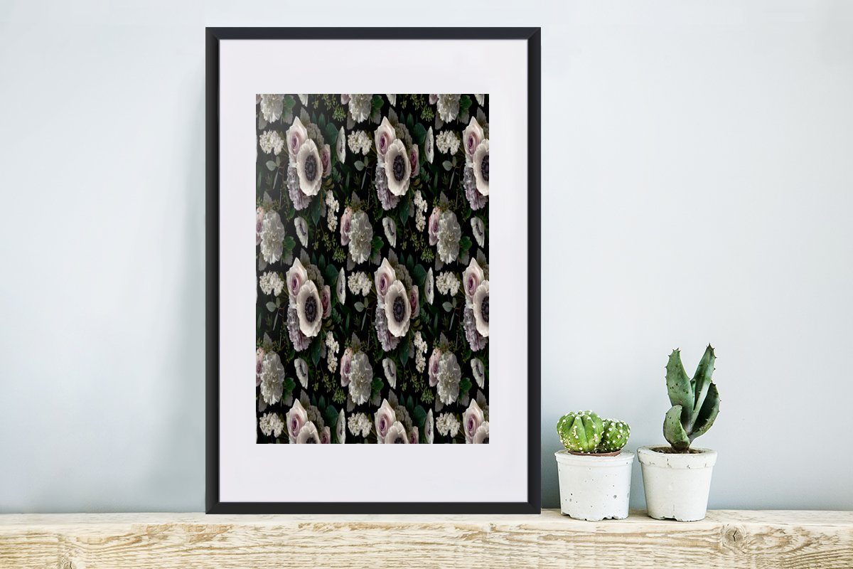 Farben (1 - Muster, Anemone - Blumen Bilderrahmen Rahmen, mit Gerahmtes MuchoWow - Kunstdruck, Poster Schwarzem St), Poster,