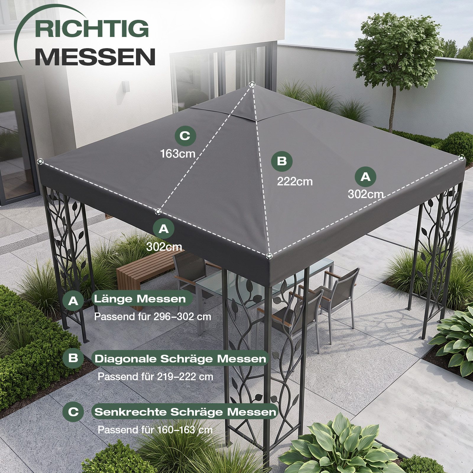 Sekey Pavillon-Ersatzdach Pavillondach 3x3 Ersatzdach Wasserdicht, 800D Polyester, mit Doppelter PU-Beschichtung, für Gartenpavillon 3 x 3 m – Bild 3 von 5