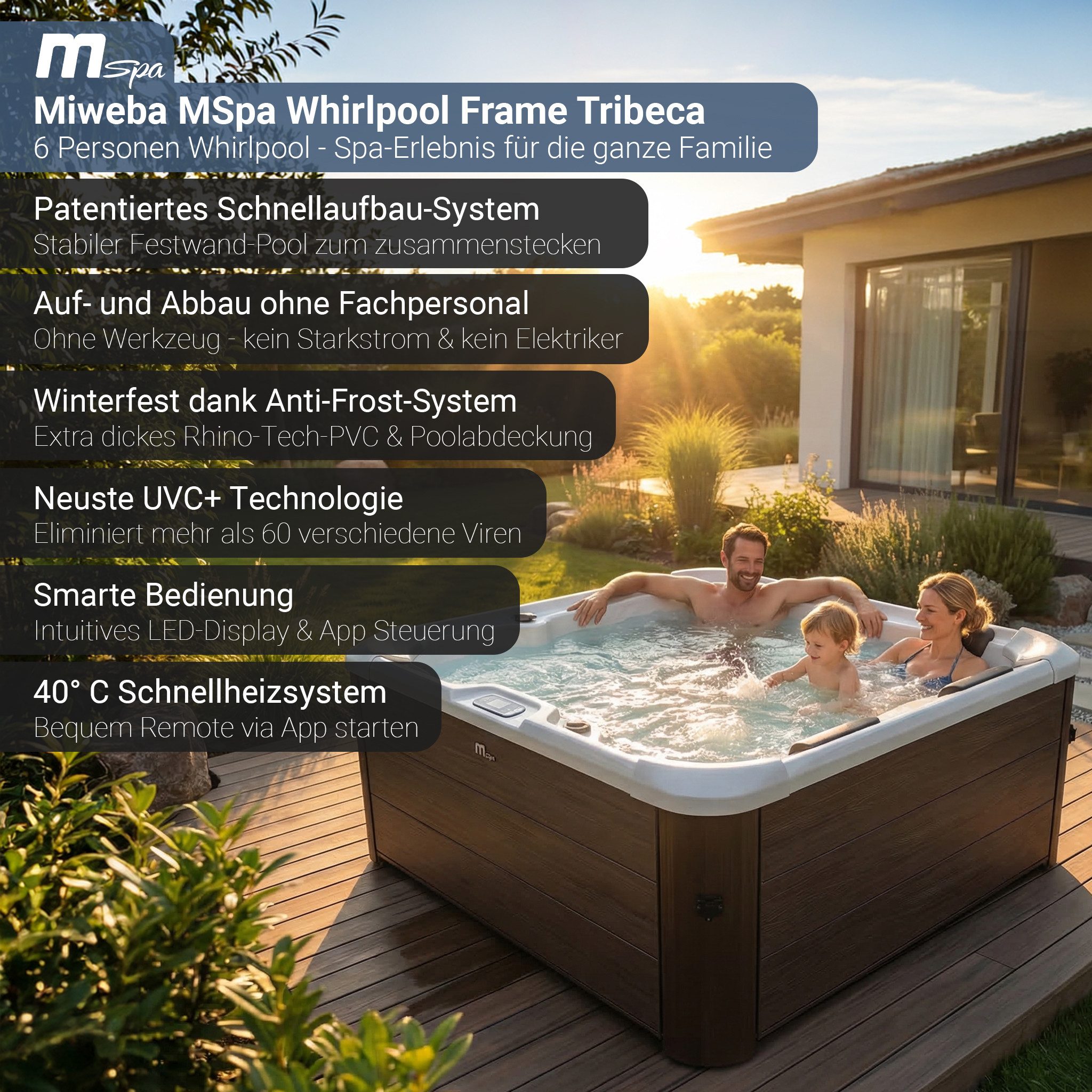 mSpa Whirlpool Frame Tribeca F-TR062W - 6 Personen, Stecksystem mit Einlageplane, (Whirpool Outdoor 6 Personen, App-Steuerung), Luftstrom-Massage, Schnellheizsystem
