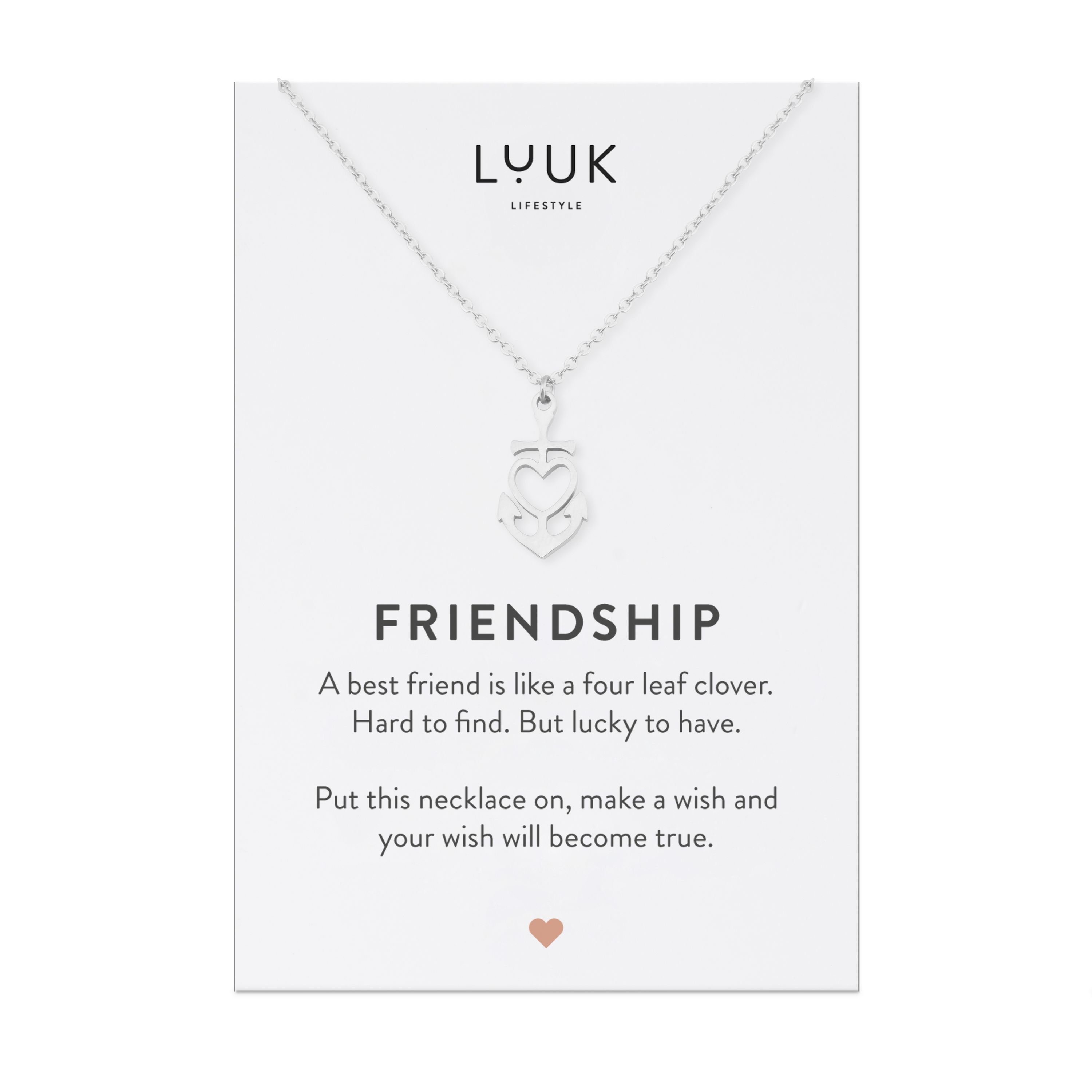 LUUK LIFESTYLE Freundschaftskette Herz-Anker, Kleeblatt Geschenkidee Silber FRIENDSHIP Prüfung, für Anhänger Frauen Glücks, zur originelle Symbol und des und Teenager, Geschenkkarte, Glücksbringer