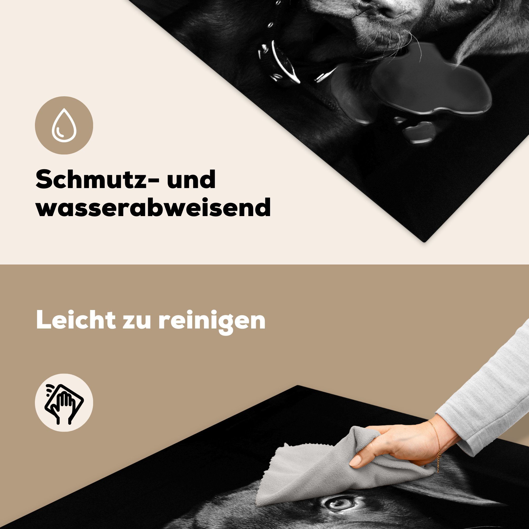 schwarz für Ceranfeldabdeckung, in 78x78 küche Arbeitsplatte tlg), Vinyl, (1 Hund Herdblende-/Abdeckplatte und MuchoWow Tierprofil weiß, cm,