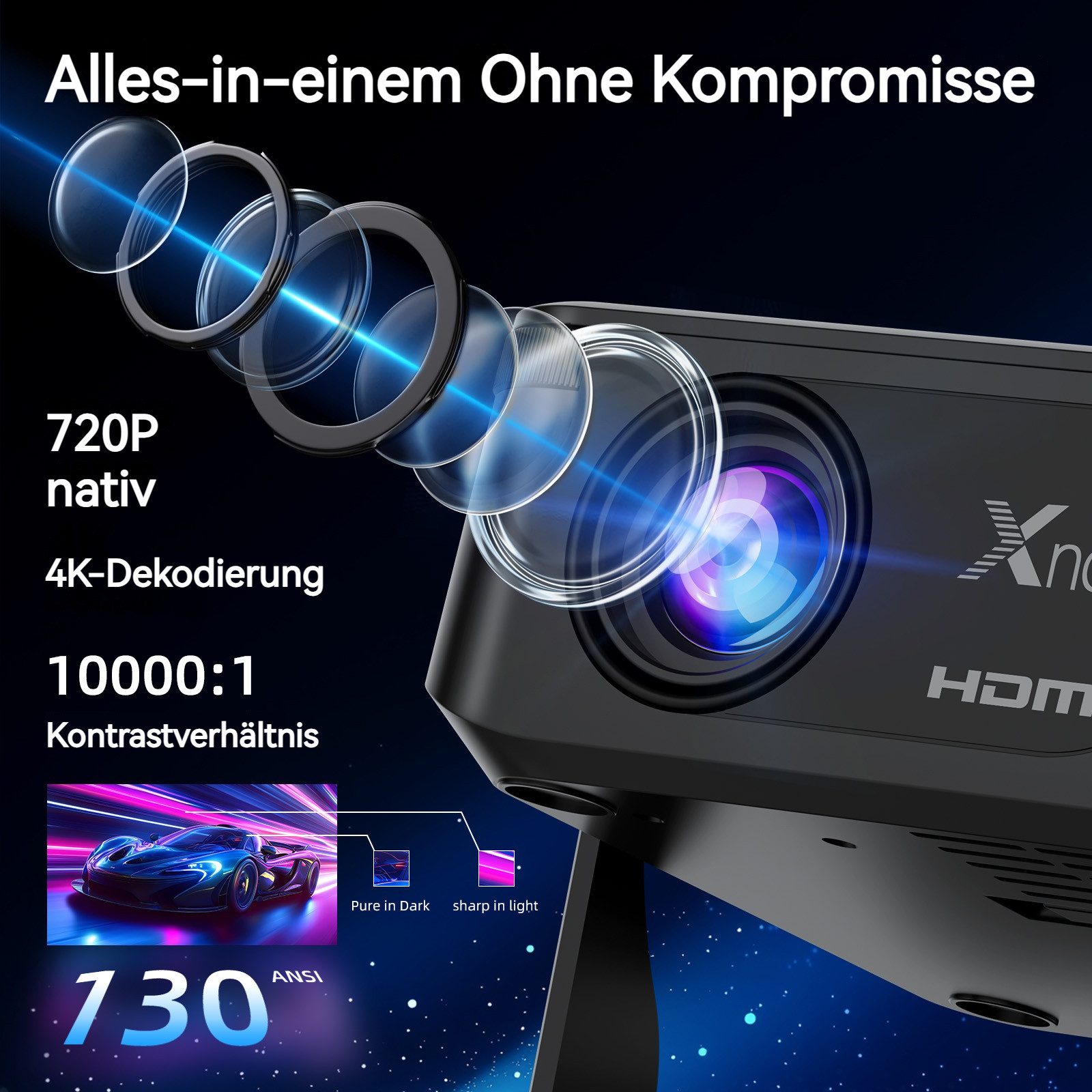 XNANO HA109 Projektor, Android 11, 130 ANSI, HD 1280*720P, WiFi 6, BT5.4 LCD-Beamer (130 lm, 10000:1, 4K (decoding support, 720P native) px, Auto-Keystone)