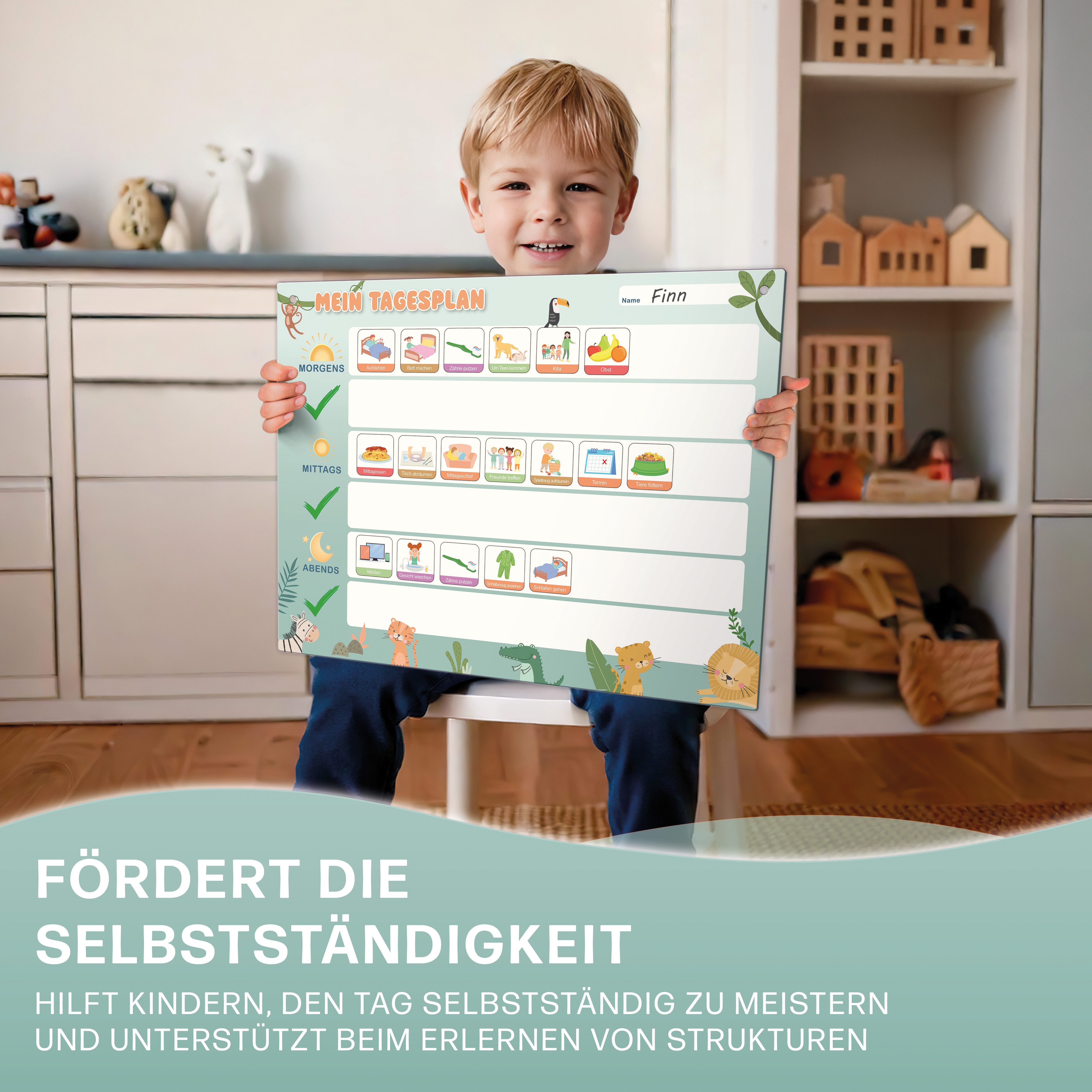 Mini Mindz Magnettafel Tagesplaner Kinder - Montessori Magnettafel mit 160 Magnete & Stift, Mit Kordel - Komplett beschreib- und abwischbar