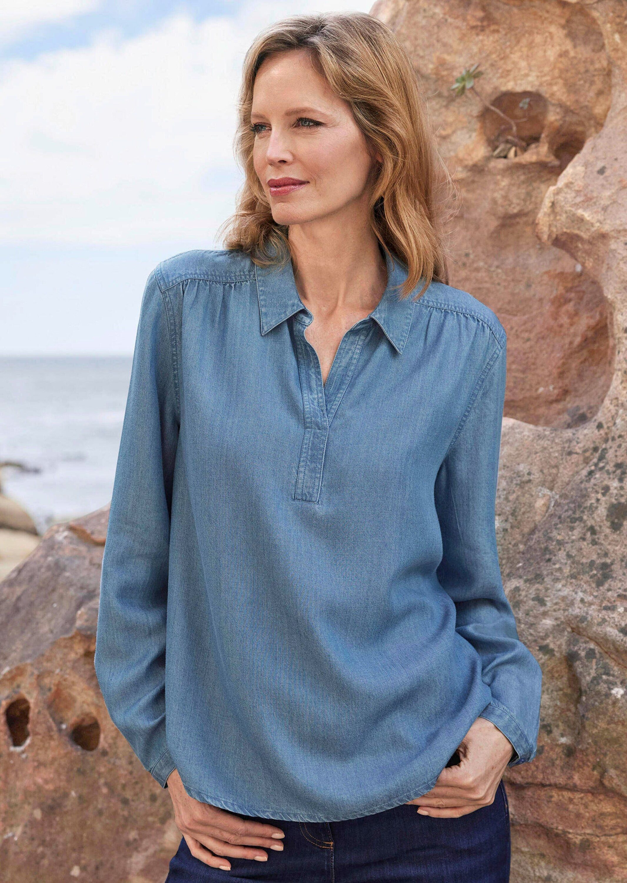 GOLDNER Klassische Bluse Denimbluse mit offenem Hemdkragen Hemdbluse mit Kräuselungen, Kellerfalten und Langarm