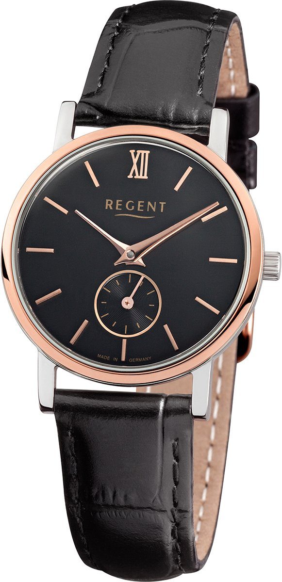 Regent Quarzuhr Regent (ca. rund, schwarz klein 27mm), Damen Lederarmband Armbanduhr Analog, Damen-Armbanduhr