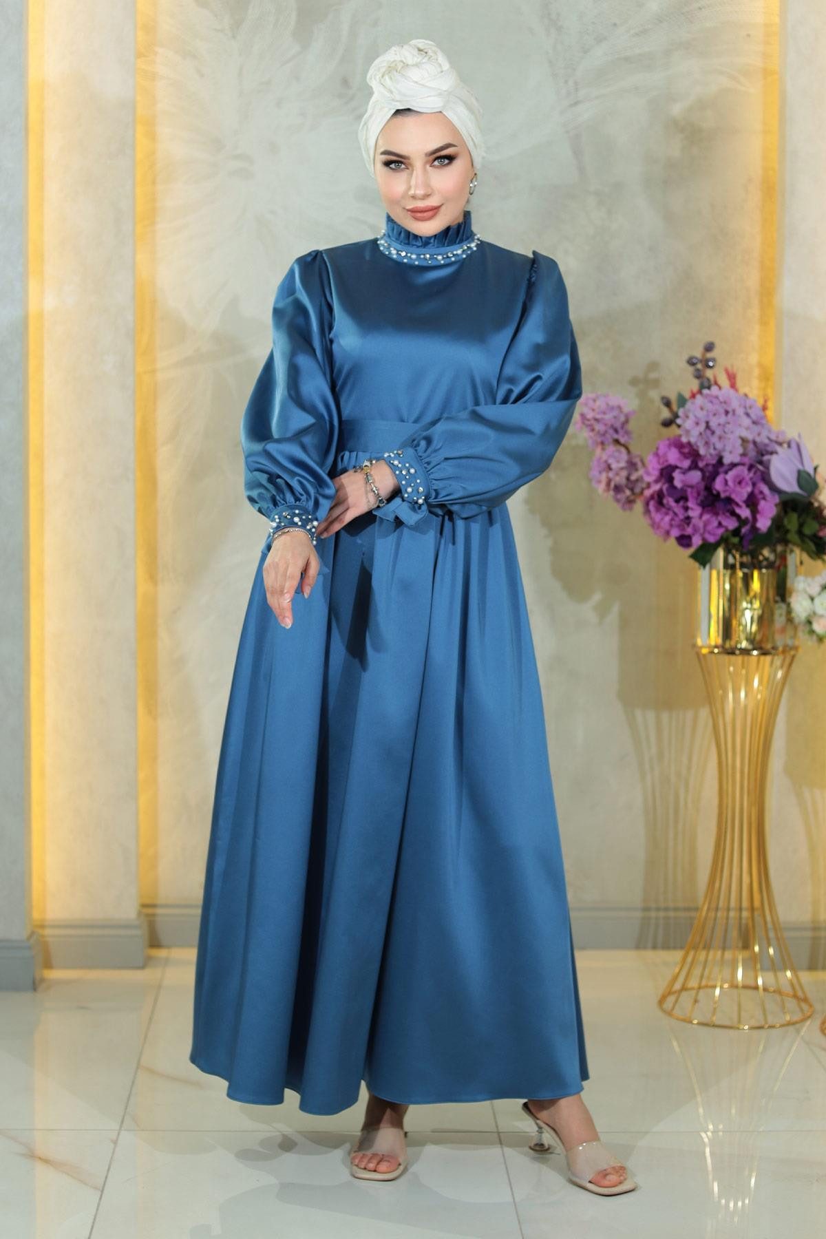 MODAMİHRAM Abendkleid Abendkleid aus Satin mit Perlen günstig online kaufen