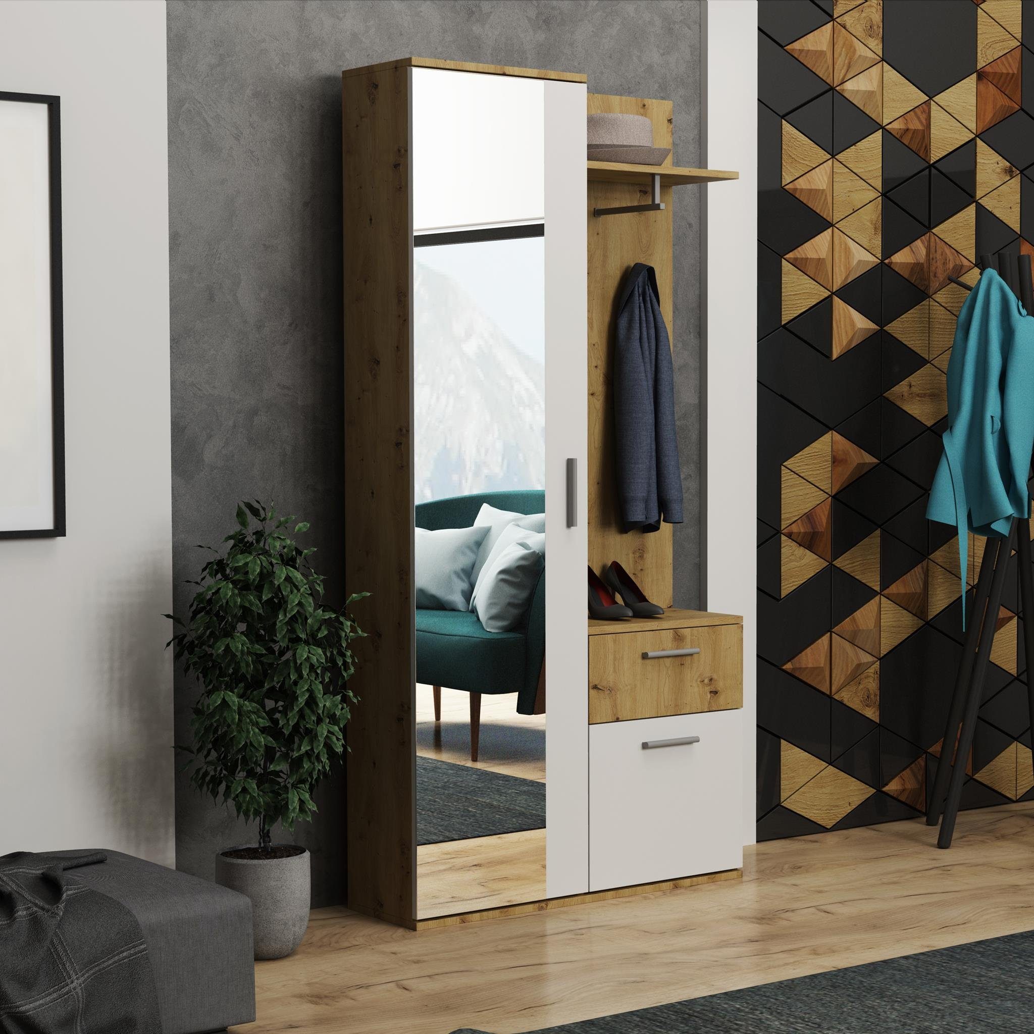 Beautysofa Kompaktgarderobe Justin (Schuhschrank, Kleiderhaken, Garderoben-Set mit Spiegel) Spiegelschrank mit 5 Fächer, inkl. Schublade, Kleiderstange