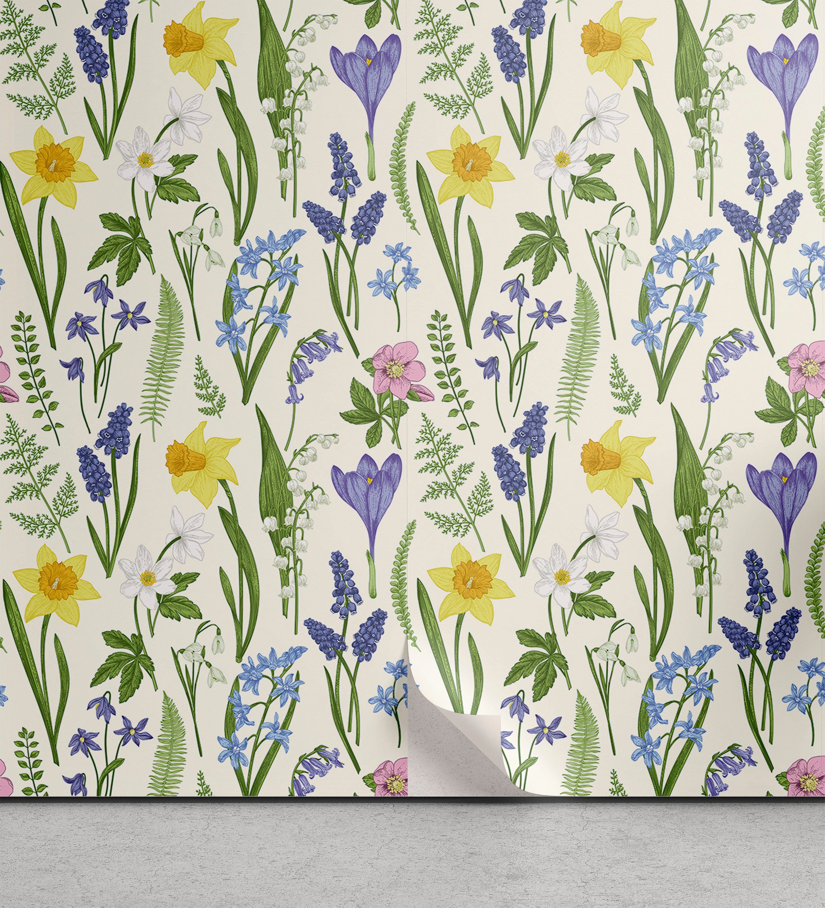 Abakuhaus Vinyltapete selbstklebendes Wohnzimmer Küchenakzent, Frühling Rural Meadow Garten-Blumen