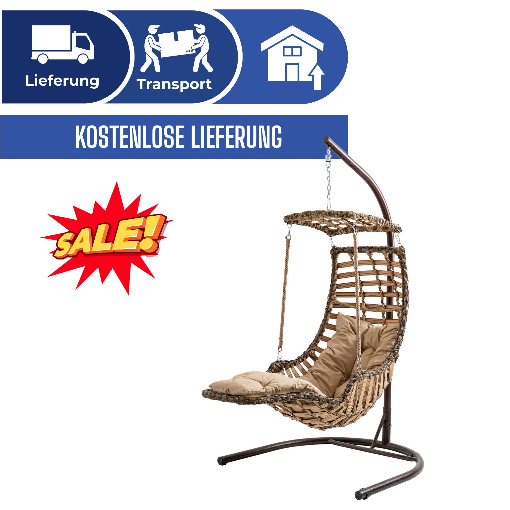 gowoll Hängesessel mit Gestell und Kissen Handgeflechtet Rattan Gartenschaukel Seeblick, mit Relaxfunktion