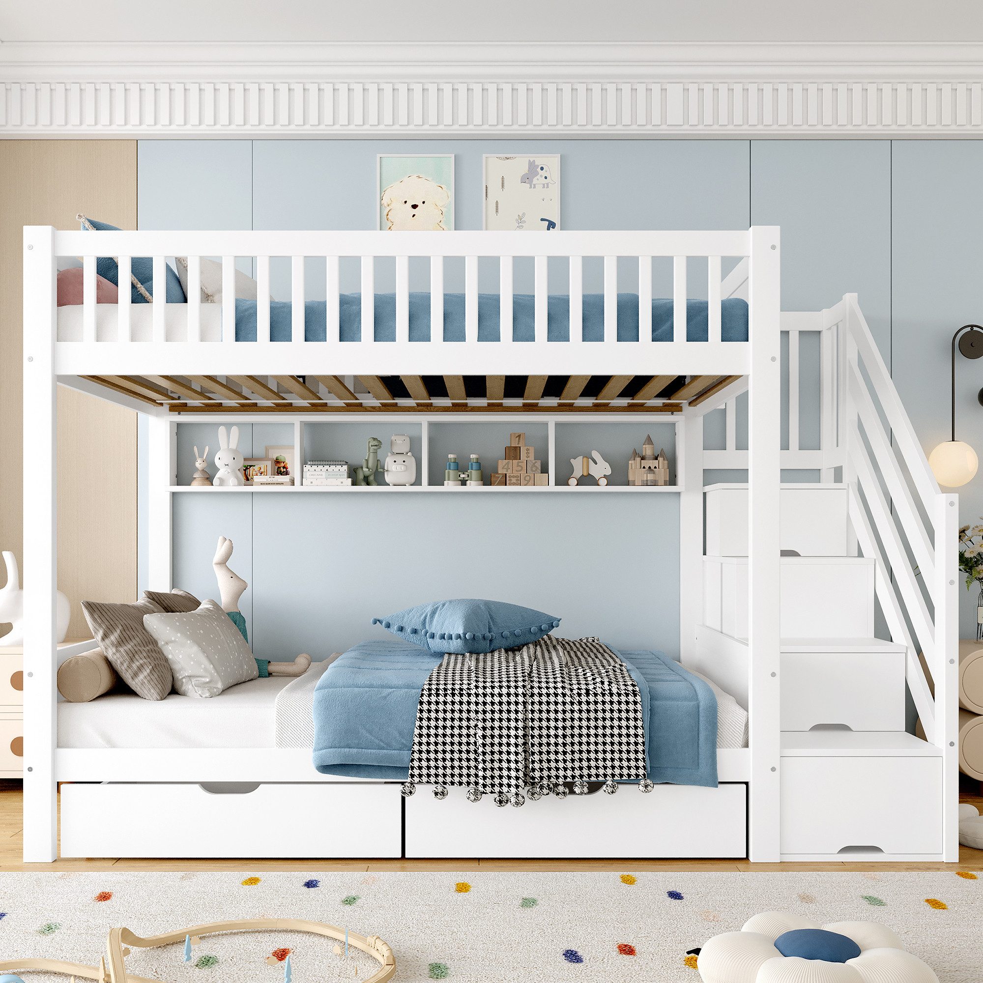 Flieks Etagenbett, Kinderbett 90x200cm mit 2 Schubladen Stauraumtreppe mit günstig online kaufen