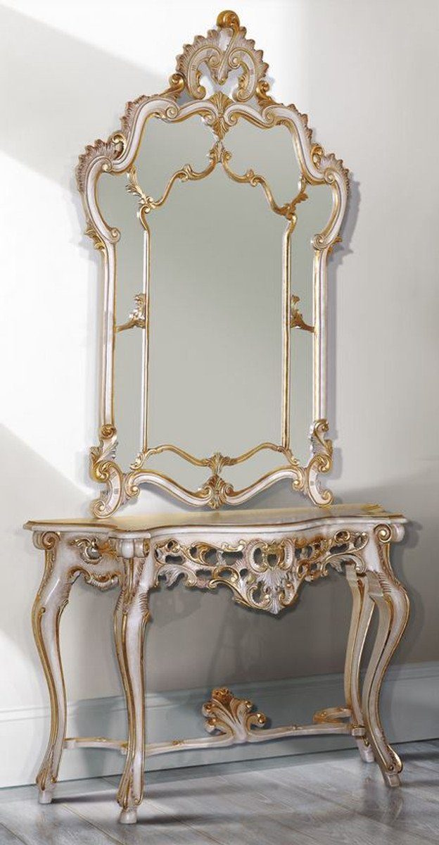 Casa Padrino Barockspiegel Luxus Barock Spiegelkonsole Weiß / Antik Gold 125 x 41 x H. 232 cm - Prunkvoller Konsolentisch mit Wandspiegel - Barock Möbel