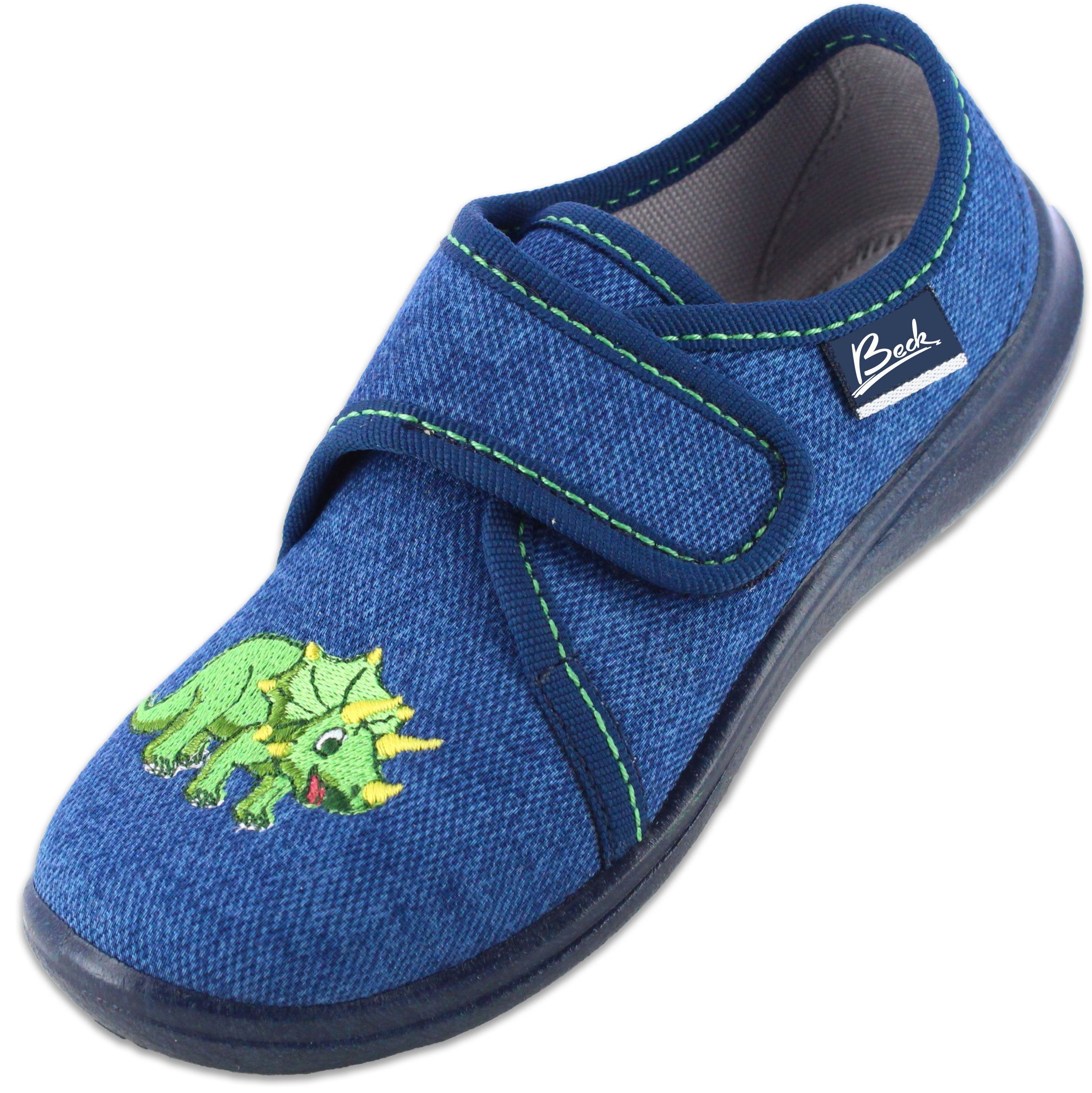Beck Hausschuhe Happy Dino Hausschuh (atmungsaktive Materialien, für Kindergarten, Schule, Zuhause) weiche Decksohle, schmale Passform, flexible Laufsohle