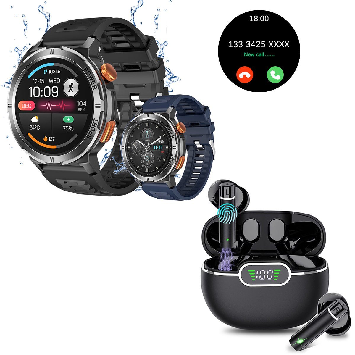HYIEAR Smartwatch Damen und Herren, 1,43 Zoll, Bluetooth 5.3 In-Ear-Kopfhörer Smartwatch, mit austauschbaren Armbändern, Ladekabeln Drei Paar Ohrstöpsel, Sportarmband
