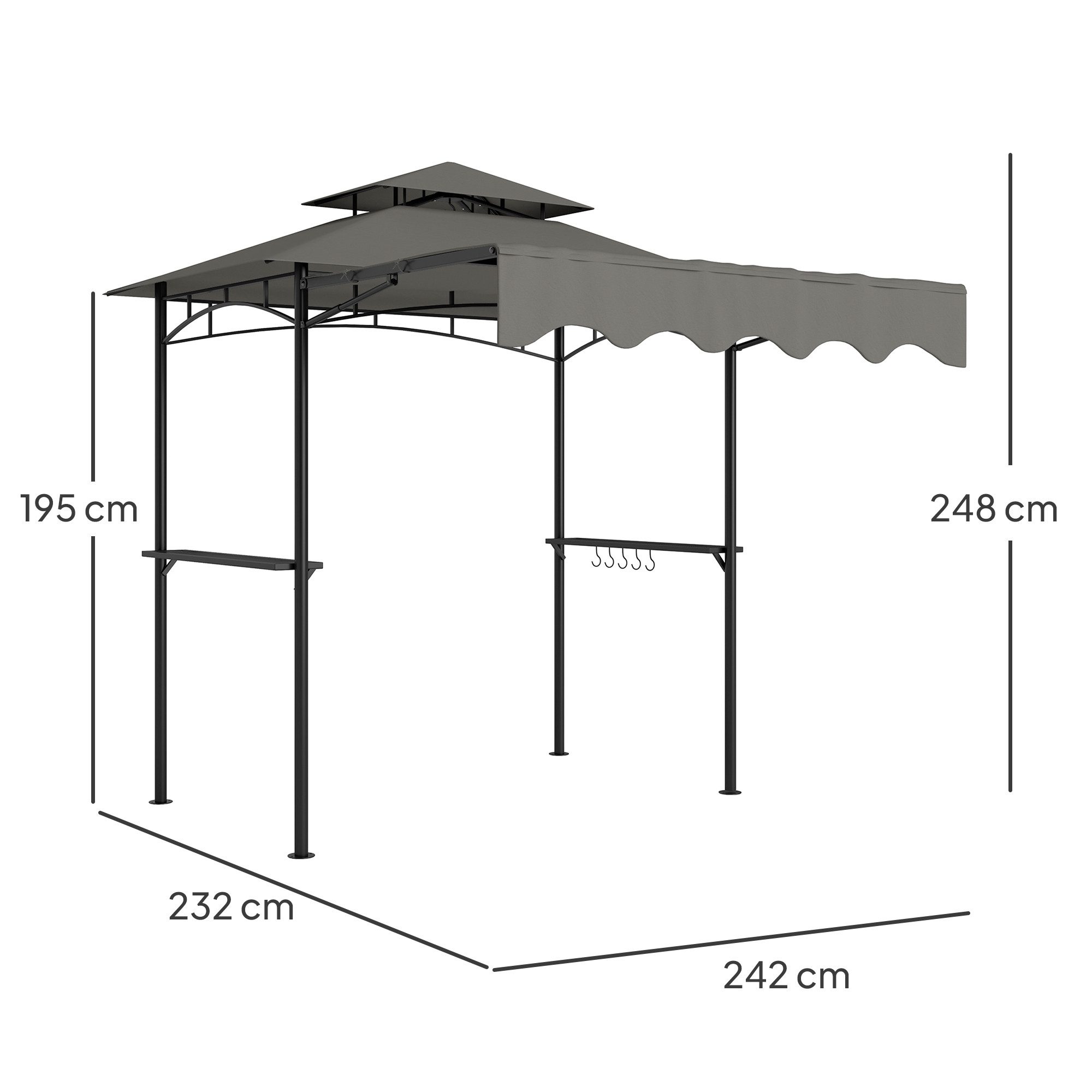 Outsunny Grillpavillon mit Doppelschichtdach, Seitenregalen, mit 0 Seitenteilen, (BBQ Pavillon, Gartenpavillon), für Garten Picknick BBQ Grau