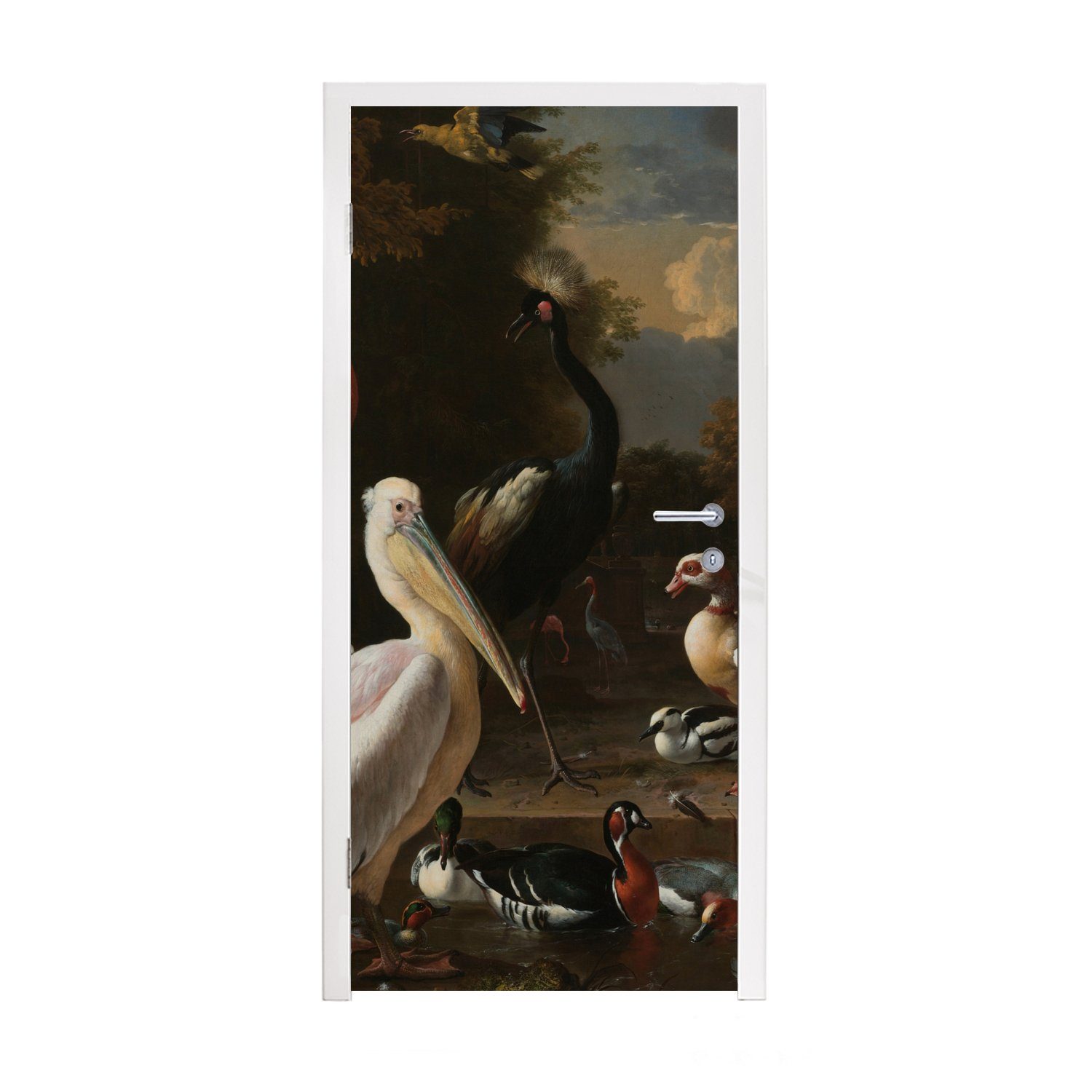 MuchoWow Tür, Vögel in Pelikan Wasserbeckens Nähe Türtapete Gemälde, Fototapete St), cm Matt, der 75x205 und für bedruckt, andere - Türaufkleber, Ein (1 eines