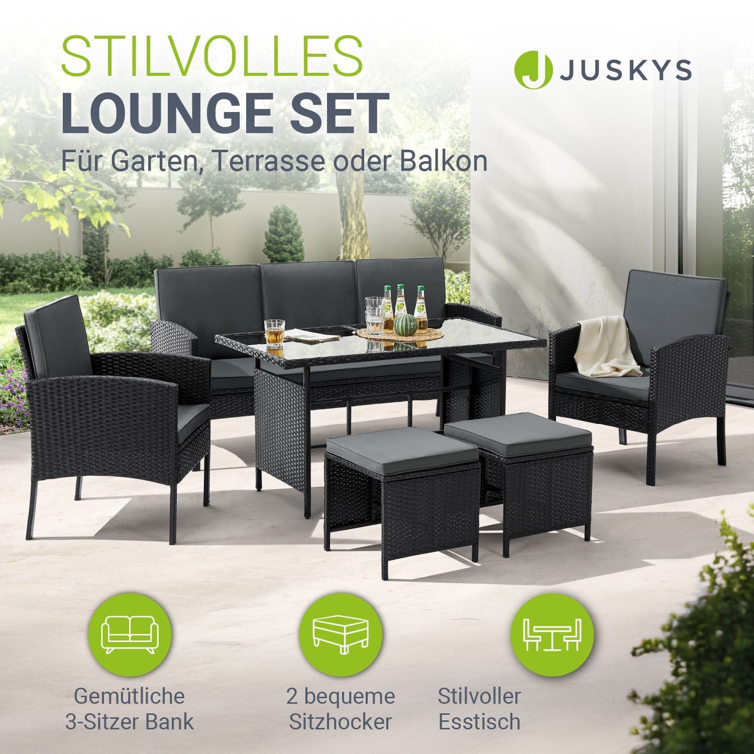 Juskys Gartenlounge-Set Turin, (6-tlg), Polyrattan Sitzgruppe für 7 Personen, Gartenmöbel Set 6-teilig