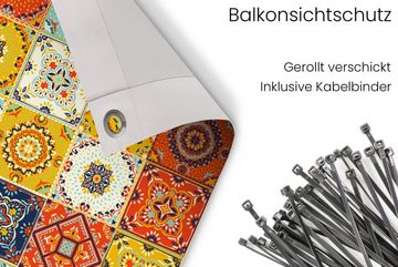 MuchoWow Balkonsichtschutz Vintage - Blumen - Muster - Weiß - Orange (1-St) Balkonbanner, Sichtschutz für den Balkon, Robustes und wetterfest