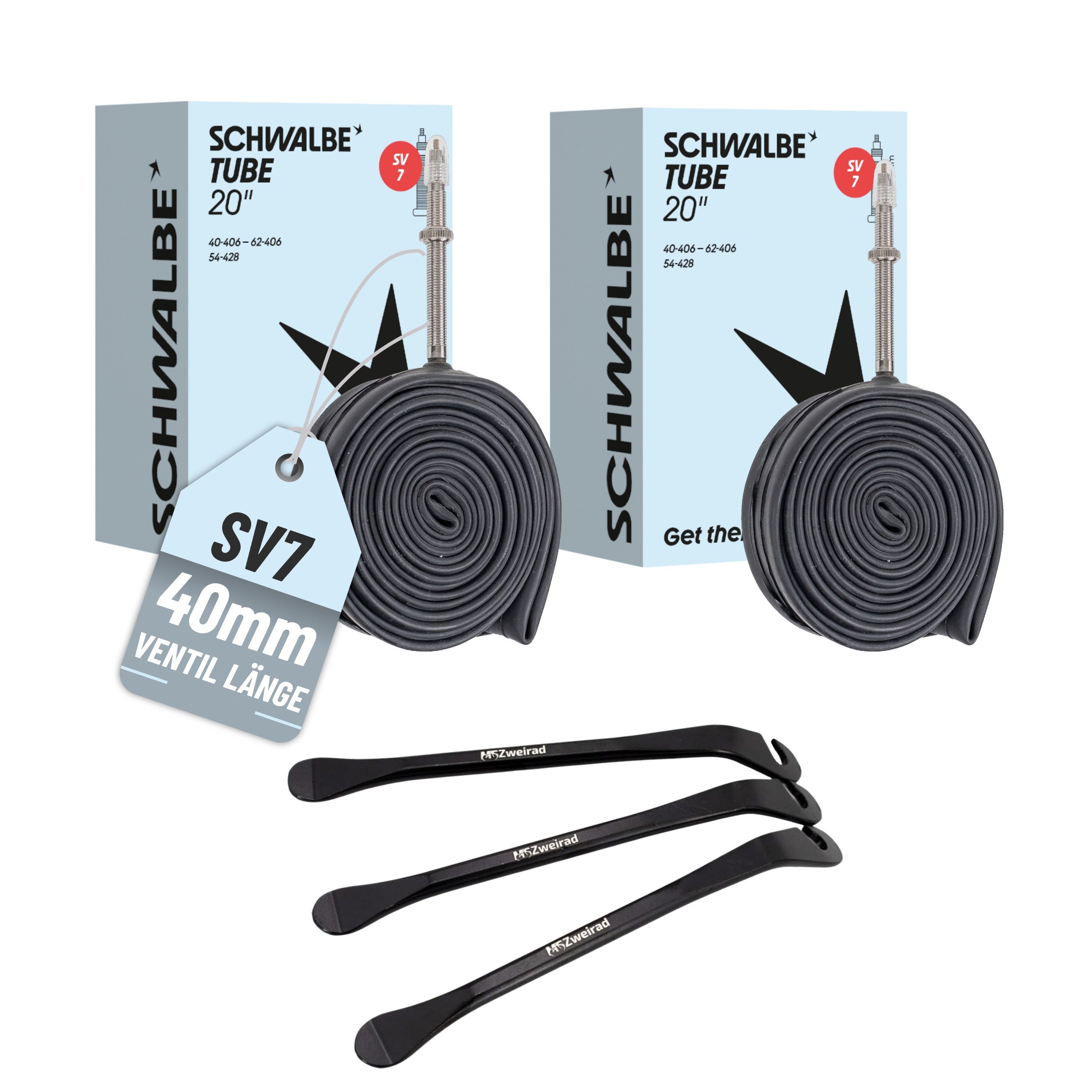 Fahrradschlauch 2x Schwalbe Schlauch SV7 40mm (20) 40/62-406 Modell 2026 +Reifenheber