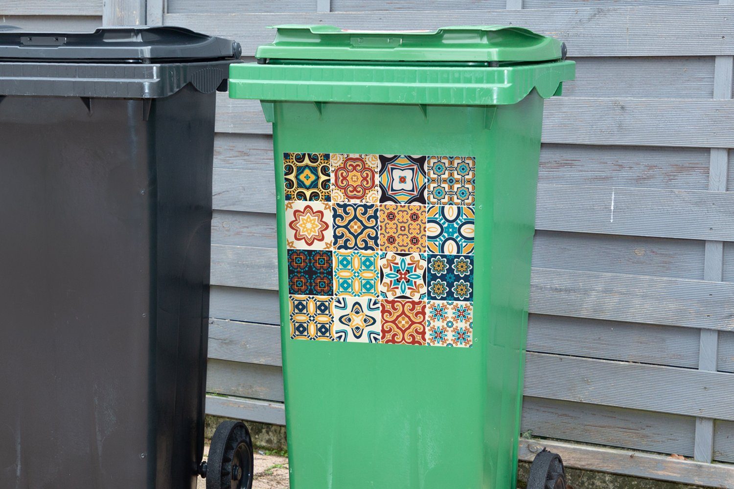 Abfalbehälter Mülltonne, Mülleimer-aufkleber, - MuchoWow - Container, - Sticker, Muster Blau Orange St), - Vintage Wandsticker (1 Blumen