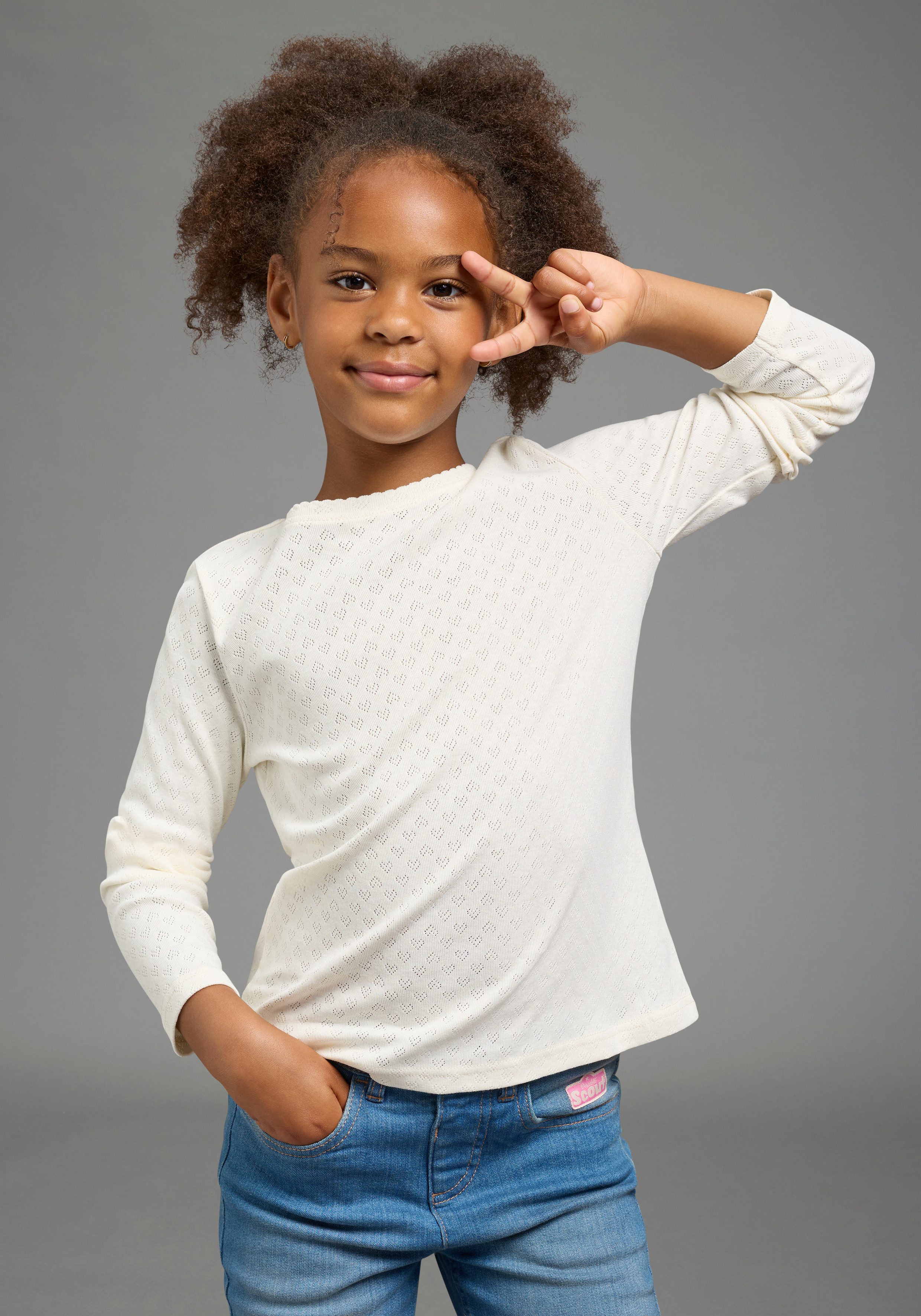 Scout Langarmshirt 3er Pack Shirt in Herz-Ajours Material - NEU von SCOUT (Packung, 3) langärmlig, hüftlange Basic-Passform, mit Ajourstrickmuster