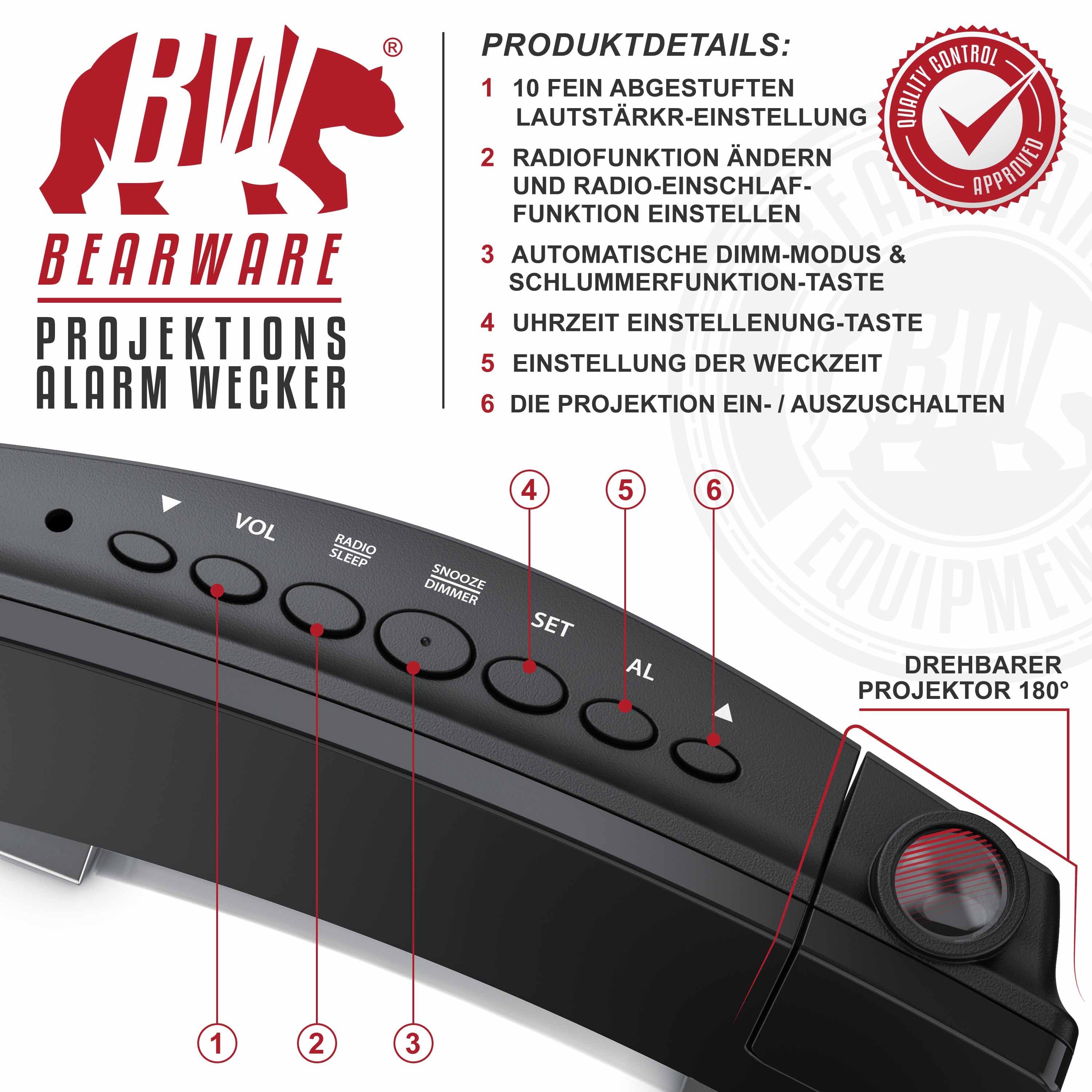 Brandson Projektionswecker FM Radiowecker, Projektionswecker, 2 Alarme, 3 Helligkeiten Projektions Radio Wecker digital, Dimmer, Snooze, 15 FM Radiospeicher