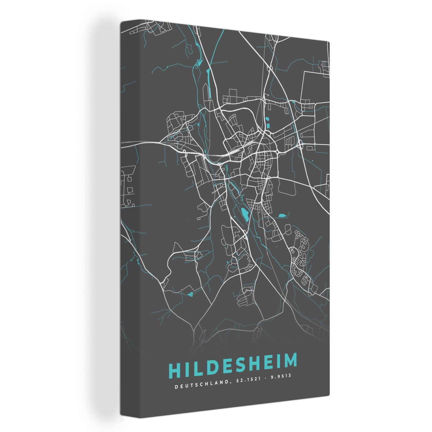 Stadtplan - Deutschland Leinwandbild Hildesheim Karte, - OneMillionCanvasses® - bespannt Zackenaufhänger, - Blau Leinwandbild (1 cm Gemälde, St), inkl. fertig 20x30