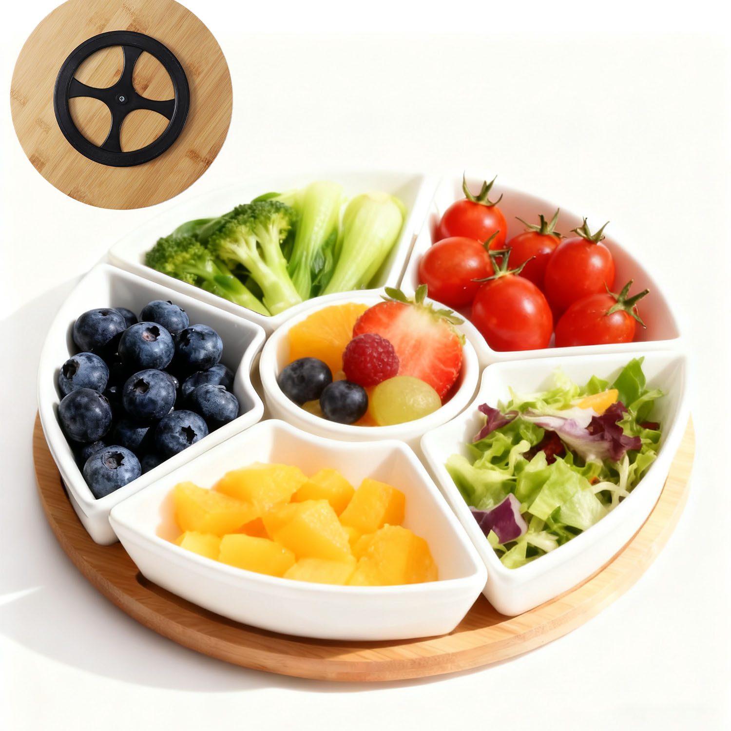 SURFOU Snackschale Snack Platte Snacktablett Drehbares Dip-Set Snack-Teller, (mit 6 Schalen aus Porzellan und Servierbrett aus Bambus-Holz), Serviertablett für Snacks Salate, Knabereien, Dips, Tapas