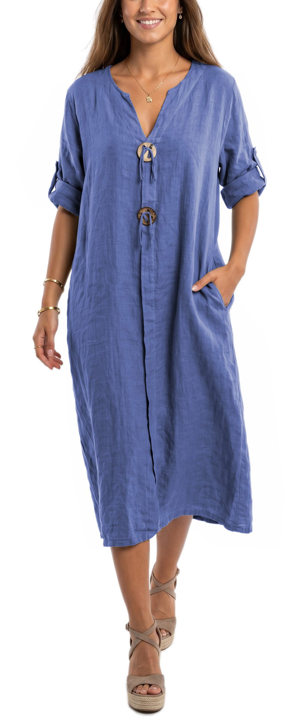 dy_mode Hemdblusenkleid Damen Leinenkleid Midi Hemdblusenkleid mit V-Ausschnitt Freizeitkleid in Unifarbe, V-Ausschnitt, mit seitlichen Eingriffstaschen