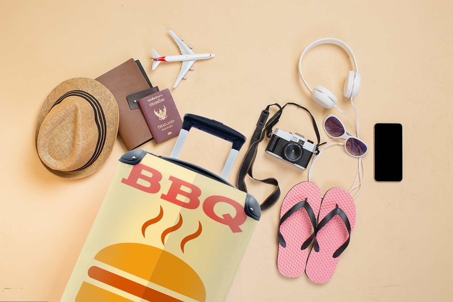 Handgepäckkoffer für mit Trolley, mit Barbecue einem Rollen, Burger, Reisetasche MuchoWow Ferien, 4 Reisekoffer Handgepäck rollen, Illustration