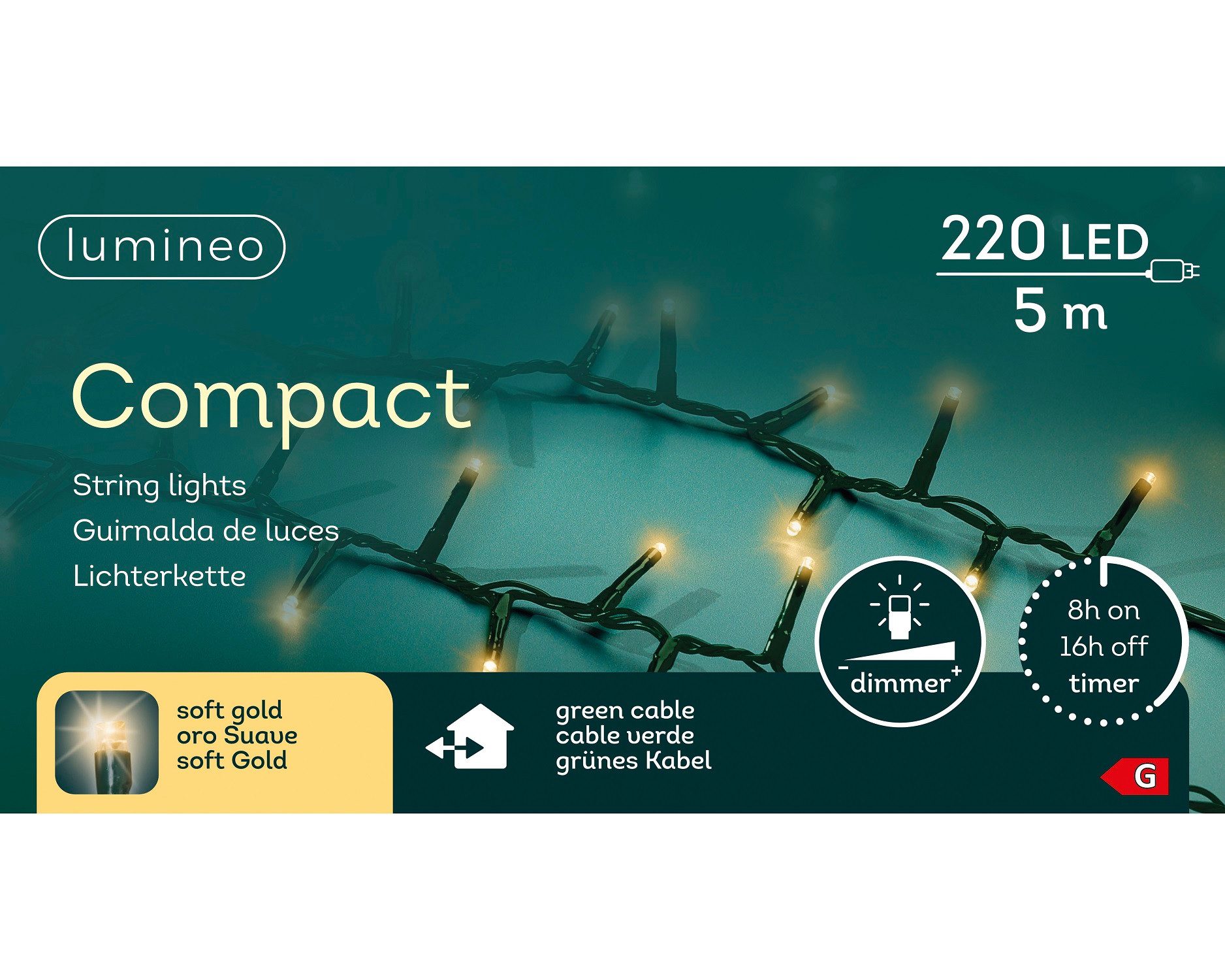 Lumineo LED-Lichterkette Lumineo Lichterkette COMPACT 220 LED 5 m, Soft Gold, grünes Kabel, Indoor/Outdoor, dimmbar, 8h-Timer, 5 m Zuleitung