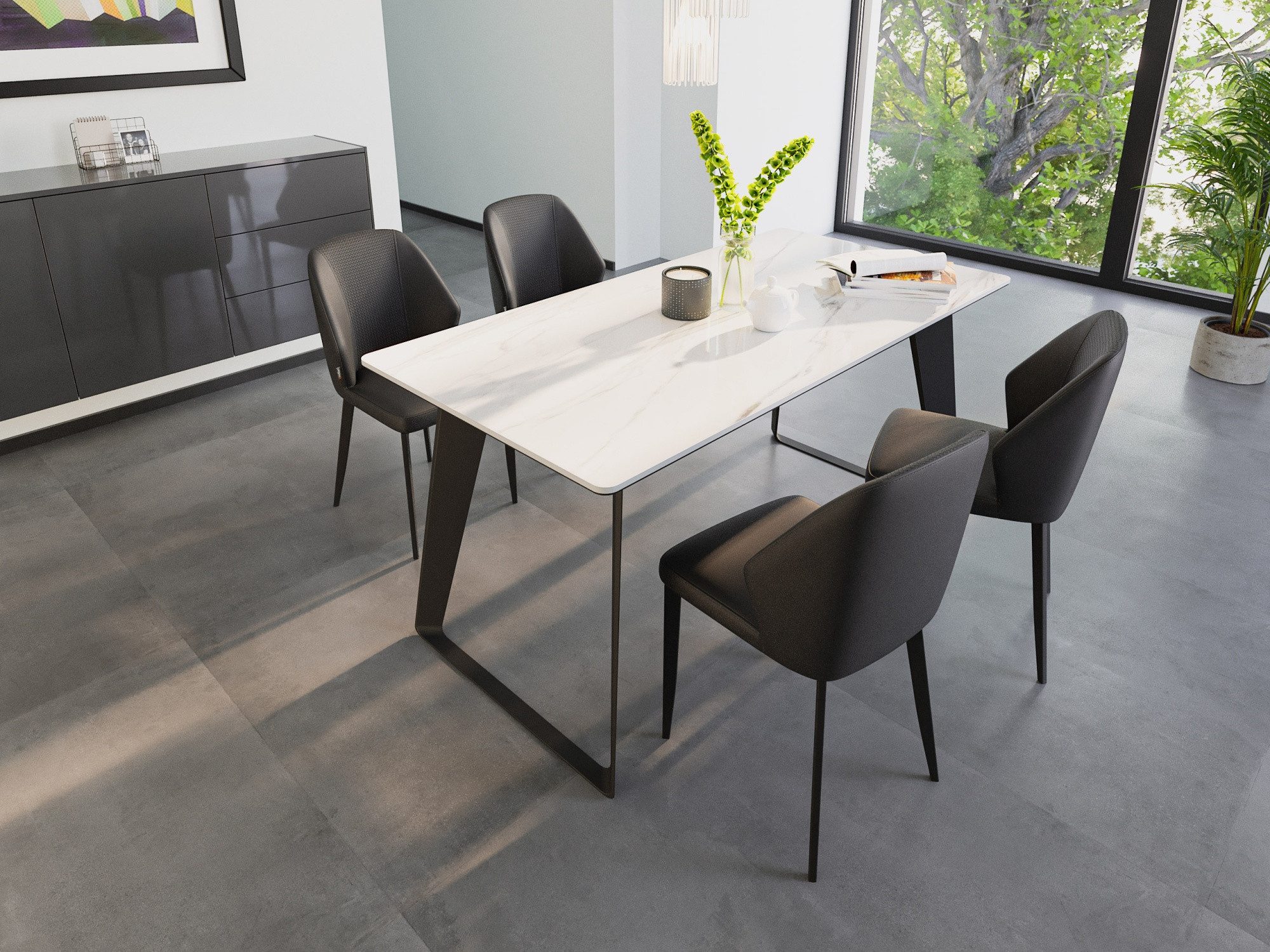 Magnolia Home Esszimmer-Set Esstisch Set FLORINT 160 weiße Keramikplatte mit 4 Stühlen Kunstleder