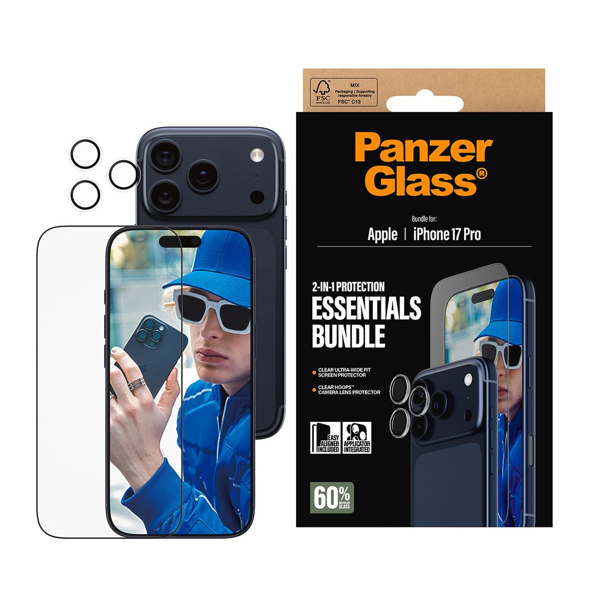CARE by PanzerGlass Displayschutzglas 2-in-1 Protection Essentials Bundle für Apple iPhone 17 Pro, Displayschutzfolie, Schutzfolie, Bildschirmschutz, kratz- & stoßfest