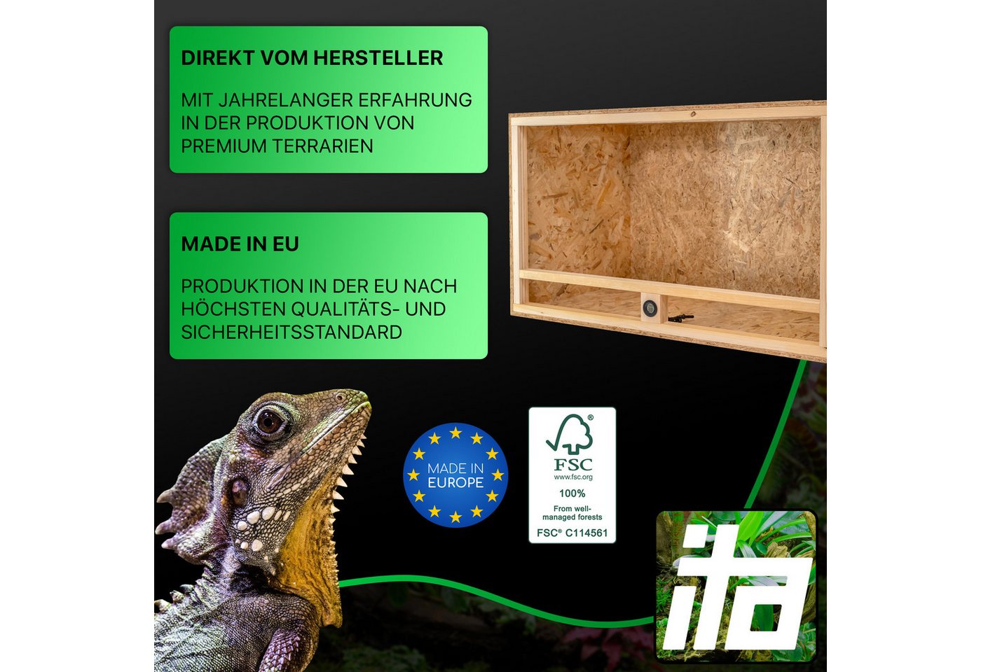 Thumbnail - ITA Terrarium Schildkröten Terrarium 120х60х60 mit Offenem Dach & Hygrometer, Holzterrarium aus OSB - Terrarien für Rept...